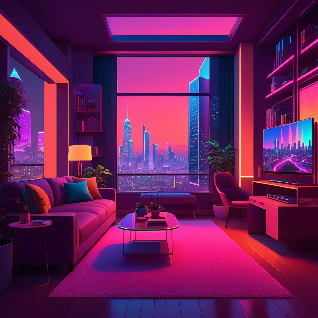 High-rise apartment interior, neon cityscape outside window, skyscrapers at night, vibrant neon colors, sleek surface reflections