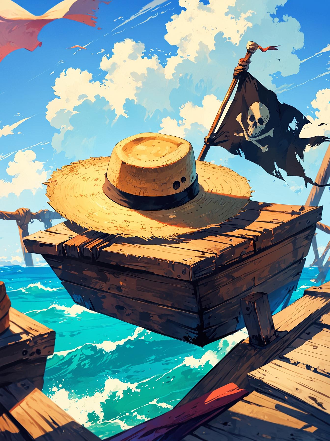 Straw hat on a wooden ship deck, Jolly Roger flag, ocean horizon, clear blue sky