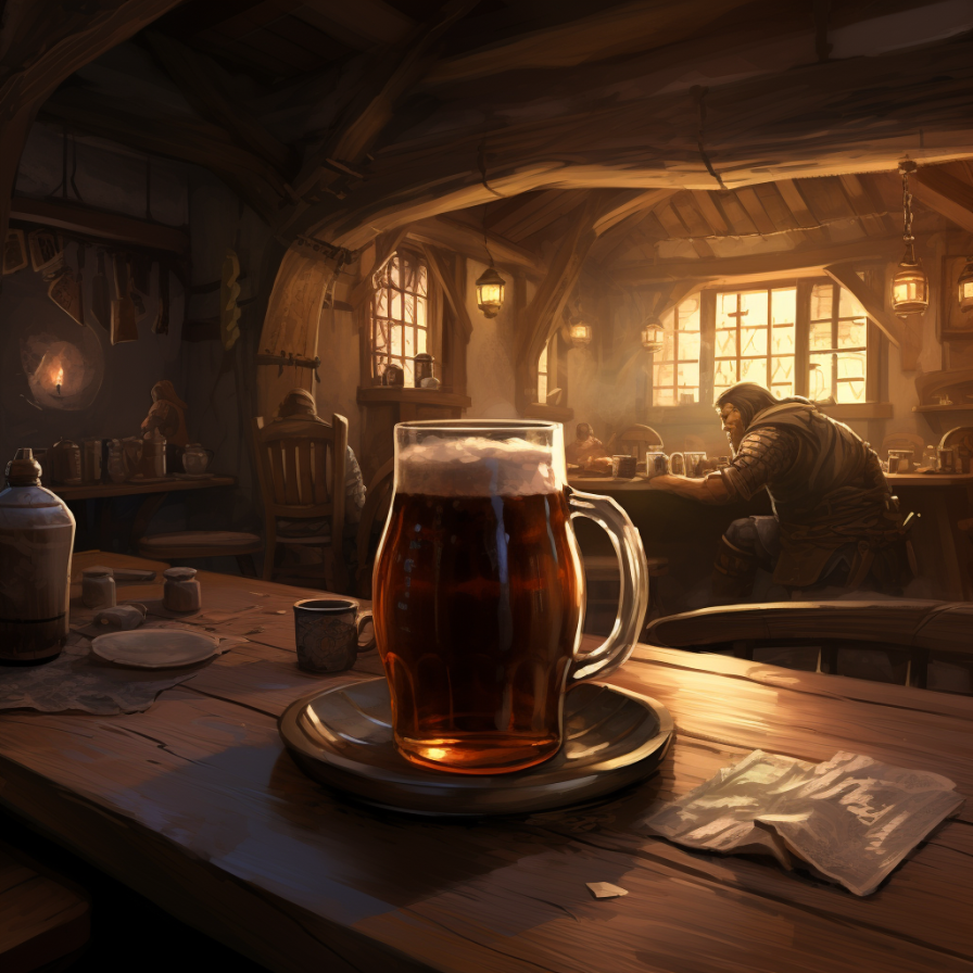 Turning away from the enigma of the dungeon, the adventurer seeks solace in a familiar tavern. With a mug of beer in hand, surrounded by the tavern's lively atmosphere, he finds peace, quietly cherishing the memories of his past adventures.