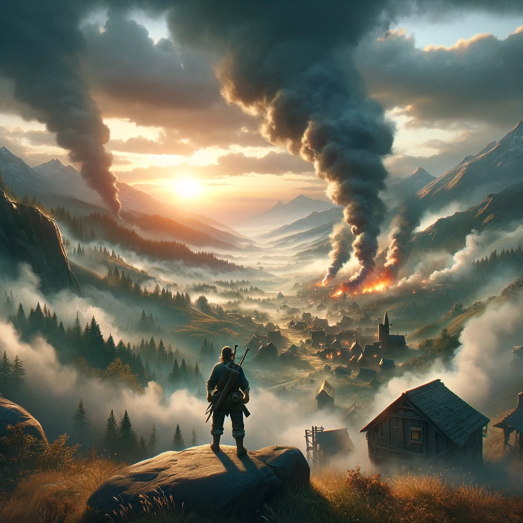 Emerging from the dungeon, the adventurer is immediately hit by the acrid smell of smoke. As he approaches the hill overlooking his village, a devastating sight unfolds before him—his once peaceful village is engulfed in flames, a heartbreaking end to his journey.