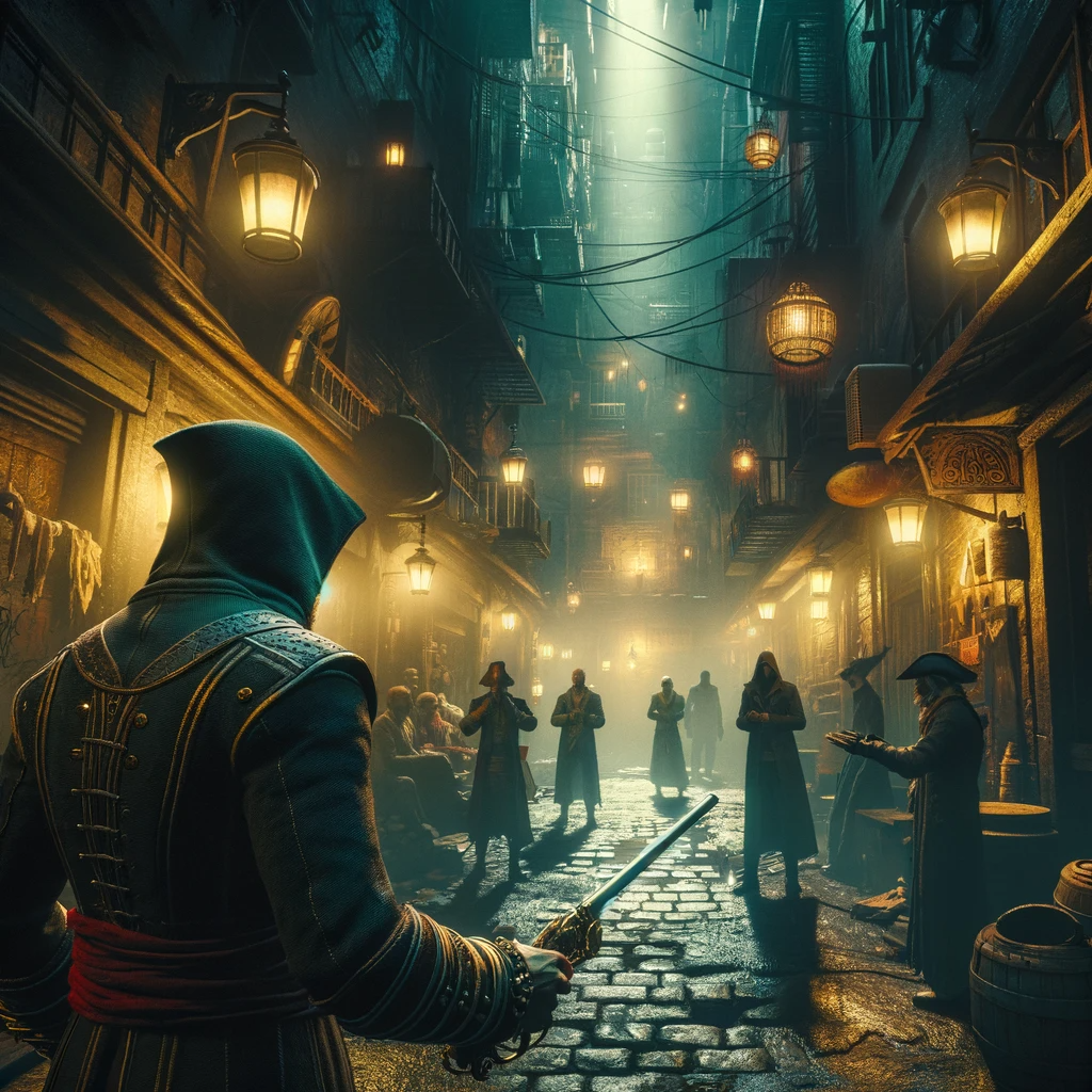 Venturing deeper into the city, you stumble upon an alley where secretive conversations hint at a hidden treasure. The narrow passage is shadowed, with flickering lanterns casting an eerie light. The air is tense with the promise of adventure and danger.