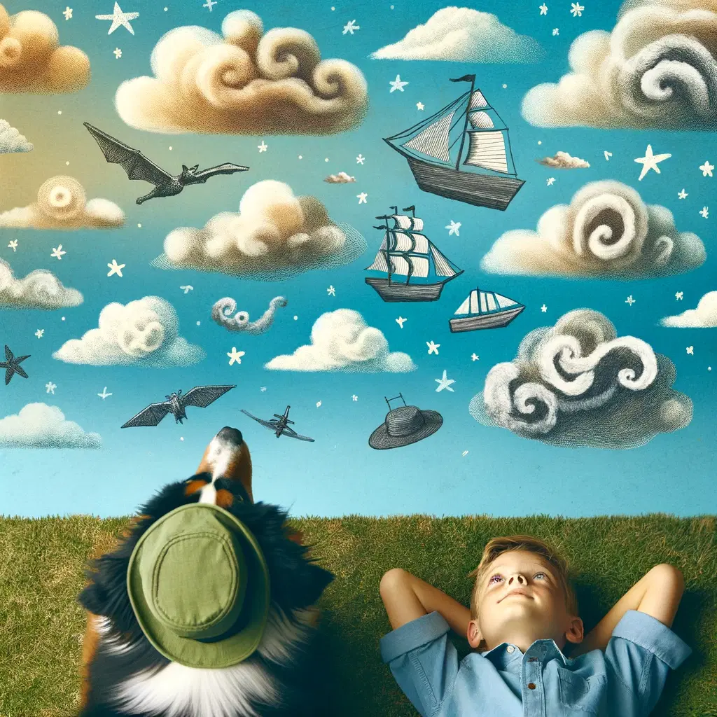 Luke and Gracie relax on the grass, gazing at the clouds. Each cloud formation becomes a character in their imaginative story – dragons, ships, funny hats. Gracie's barks and tail wags add to the playful narrative unfolding in the sky.