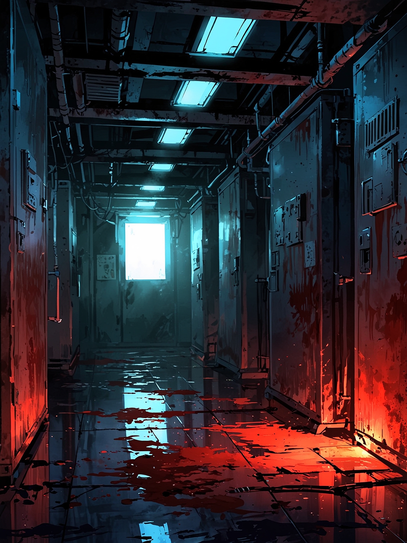 What immediately catches your eye is the darkness of the room. The main lights seem to have gone out, to be replaced by dim emergency lights which bathe the room in a dull crimson glow. The room is in disarray with rust crawling up the metal walls the temperature is several degrees colder.