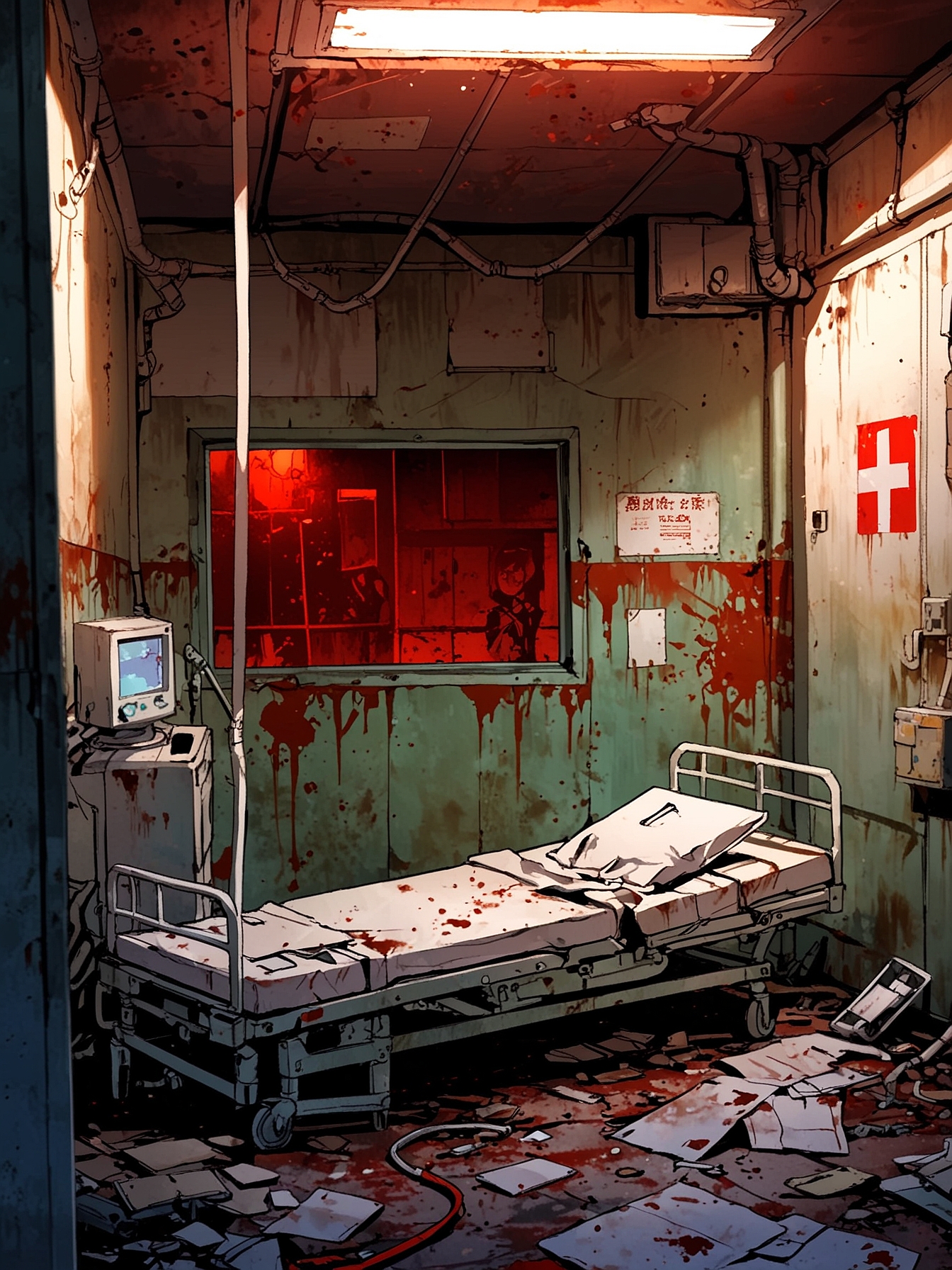 The medical bay is in disarray. Beds and equipment lay overturned everywhere, and surgical robots lie rusting in a corner.