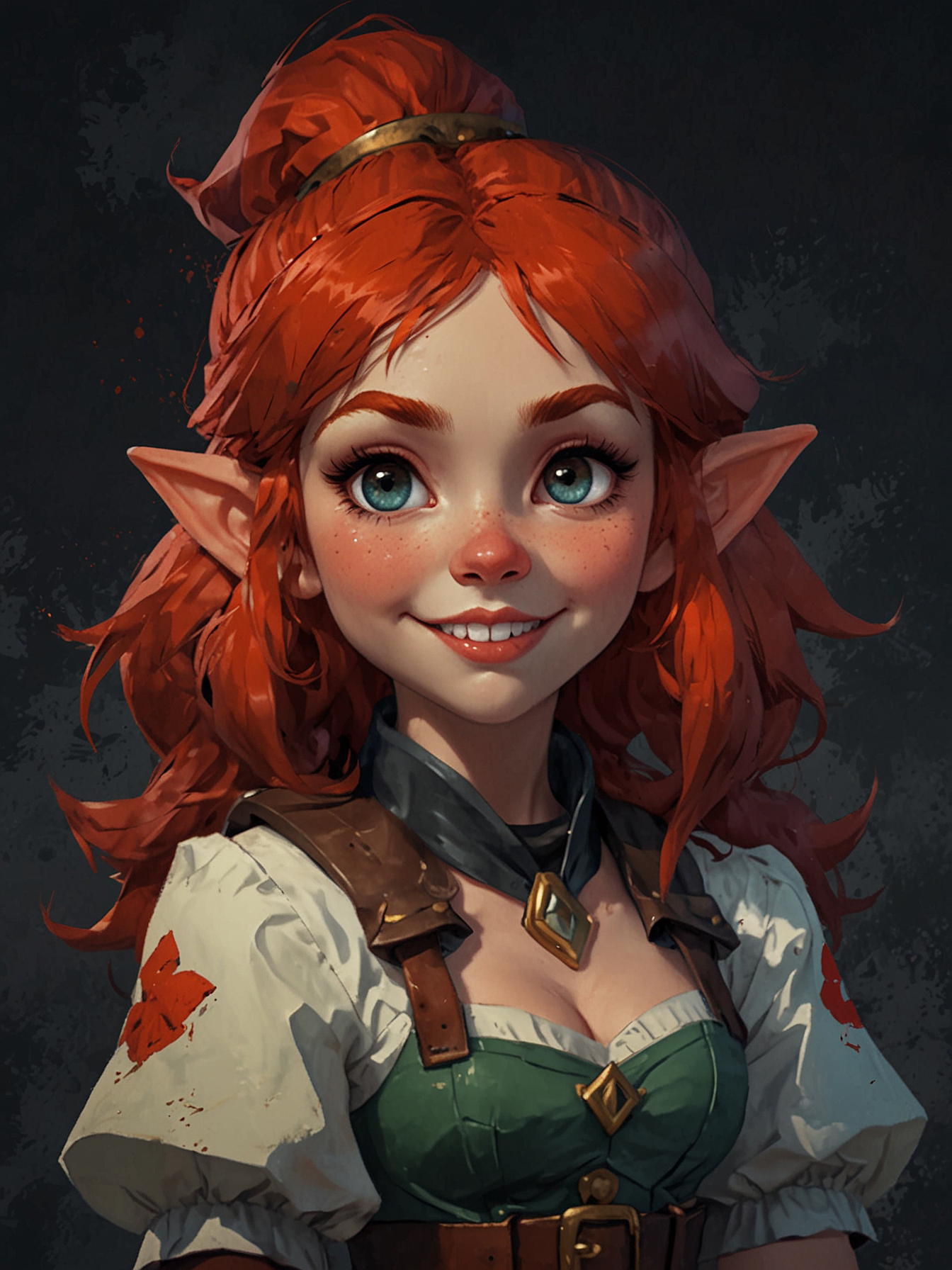 Female gnome adult, red hair, steampunk-themed, mischievous face, smile, ++dark background