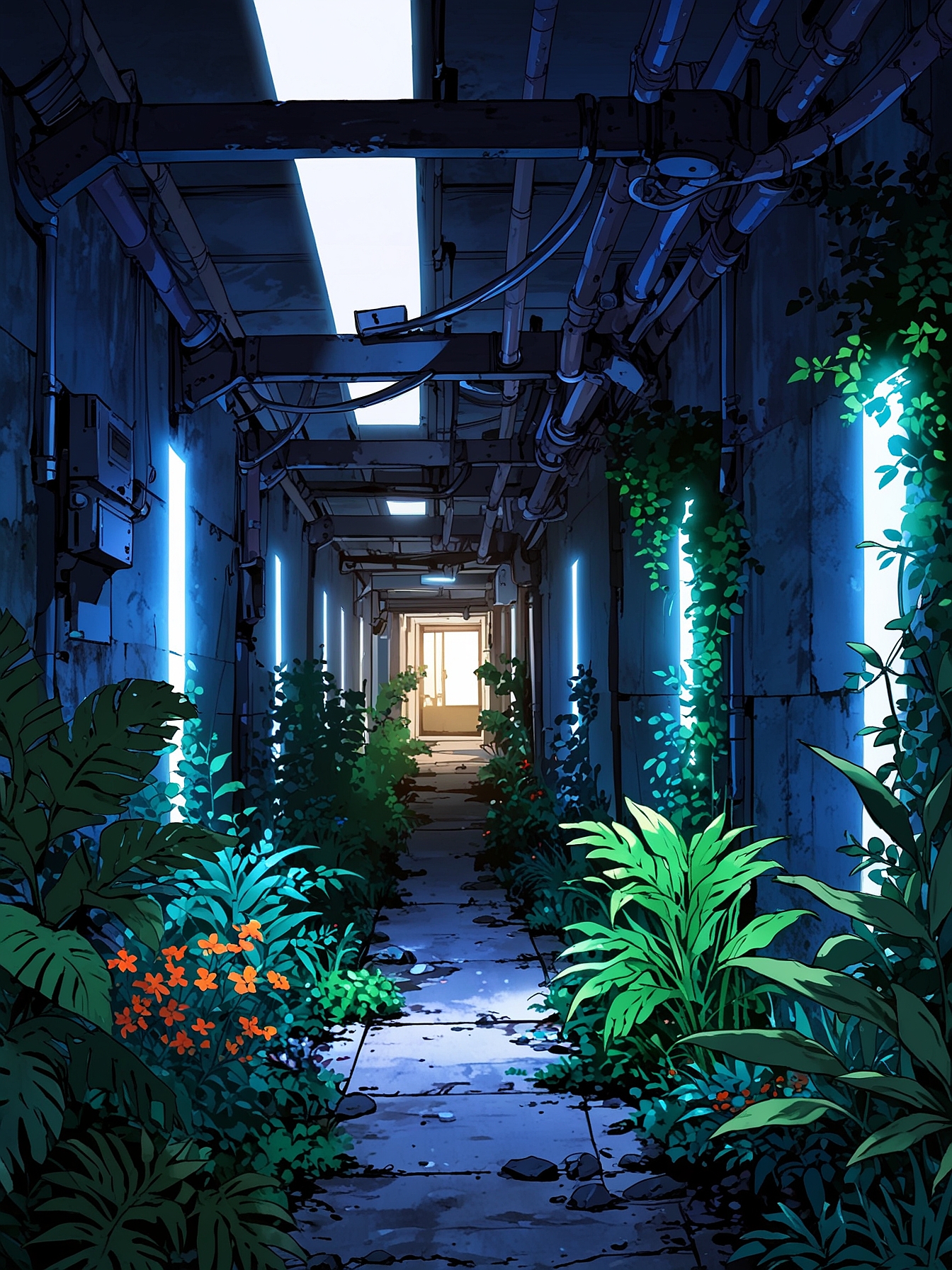 After a brief journey through another elevator, you find yourself within a different level of the station. This level was heavily overgrown with dense vegetation covering every surface. Only the dim flickering lights give away that this was a space station. You follow the faded signs.