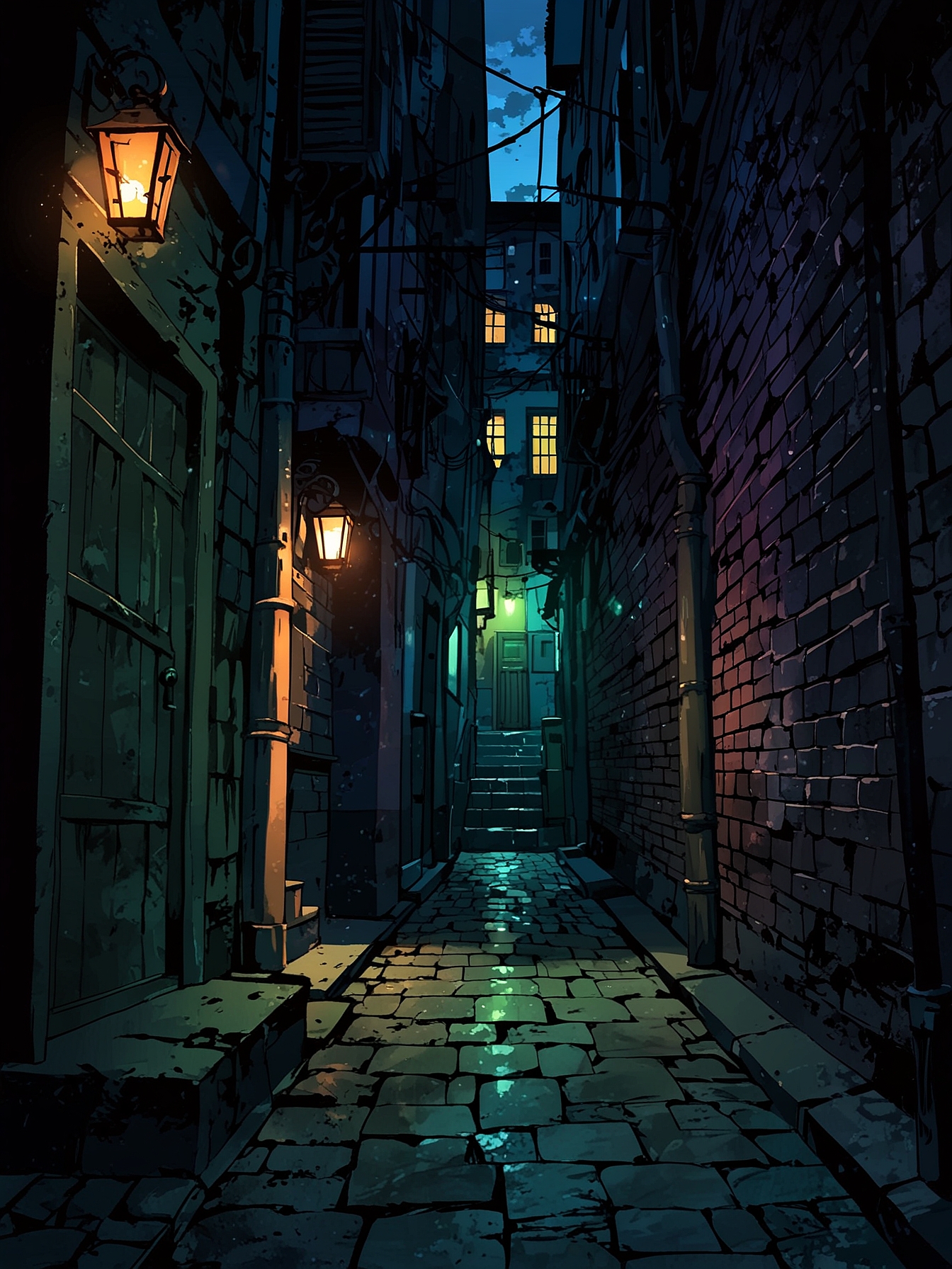 You leave the tavern and make your way through the winding streets of Lancaster when you hear a strange sound coming from a nearby alley. It is dark and there seems to be no one around. Despite the eerie feeling, you decide to investigate the source of the sound.