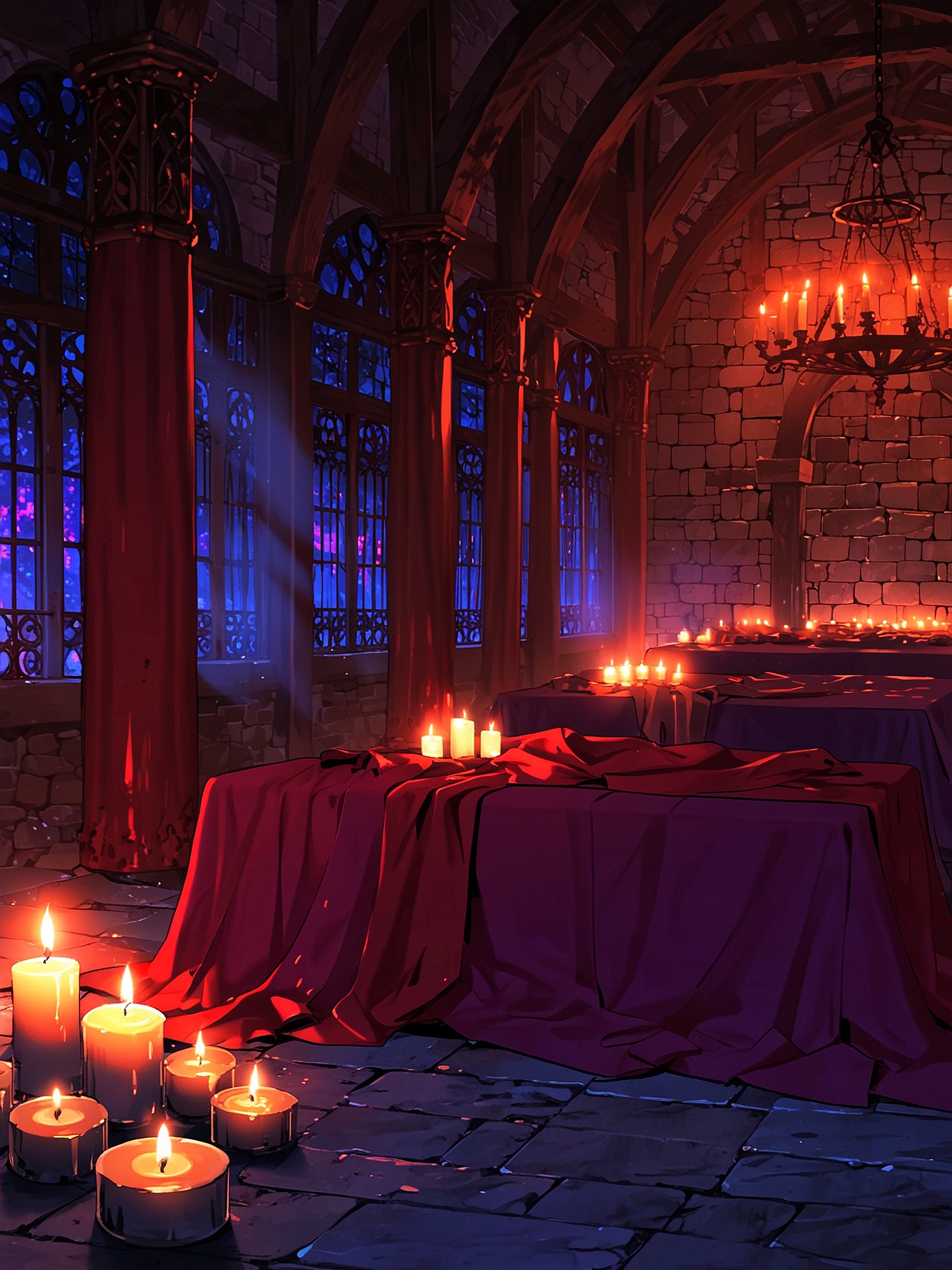 You enter the building and are taken aback by a grotesque scene. There are dozens of corpses on the ground, all dressed in crimson robes, possibly part of the cult. They all seem to have committed suicide. In the back of the room is another entryway that glows with a purple hue.