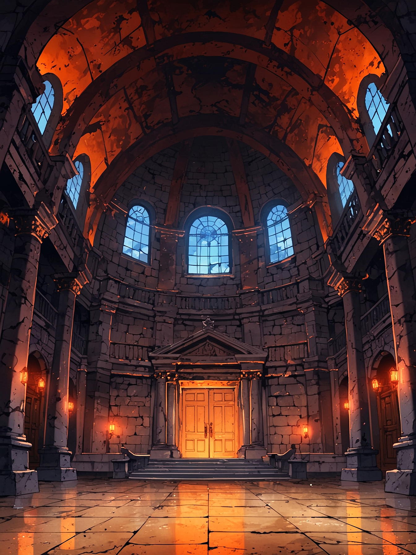 You head to the left and enter a grand hall with a vaulted roof supported by six white marble columns. At the north end, you see an overlook with a view of an island encircled by raging lava. The amber doors leading out match the marble walls.