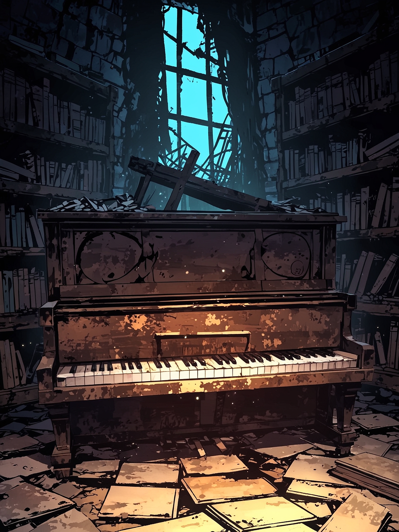 You continue onwards, entering another room dominated by a broken piano, a bookshelf, and a worn-down royal bed. It's clear no one has slept here in ages, though it was once someone's home.