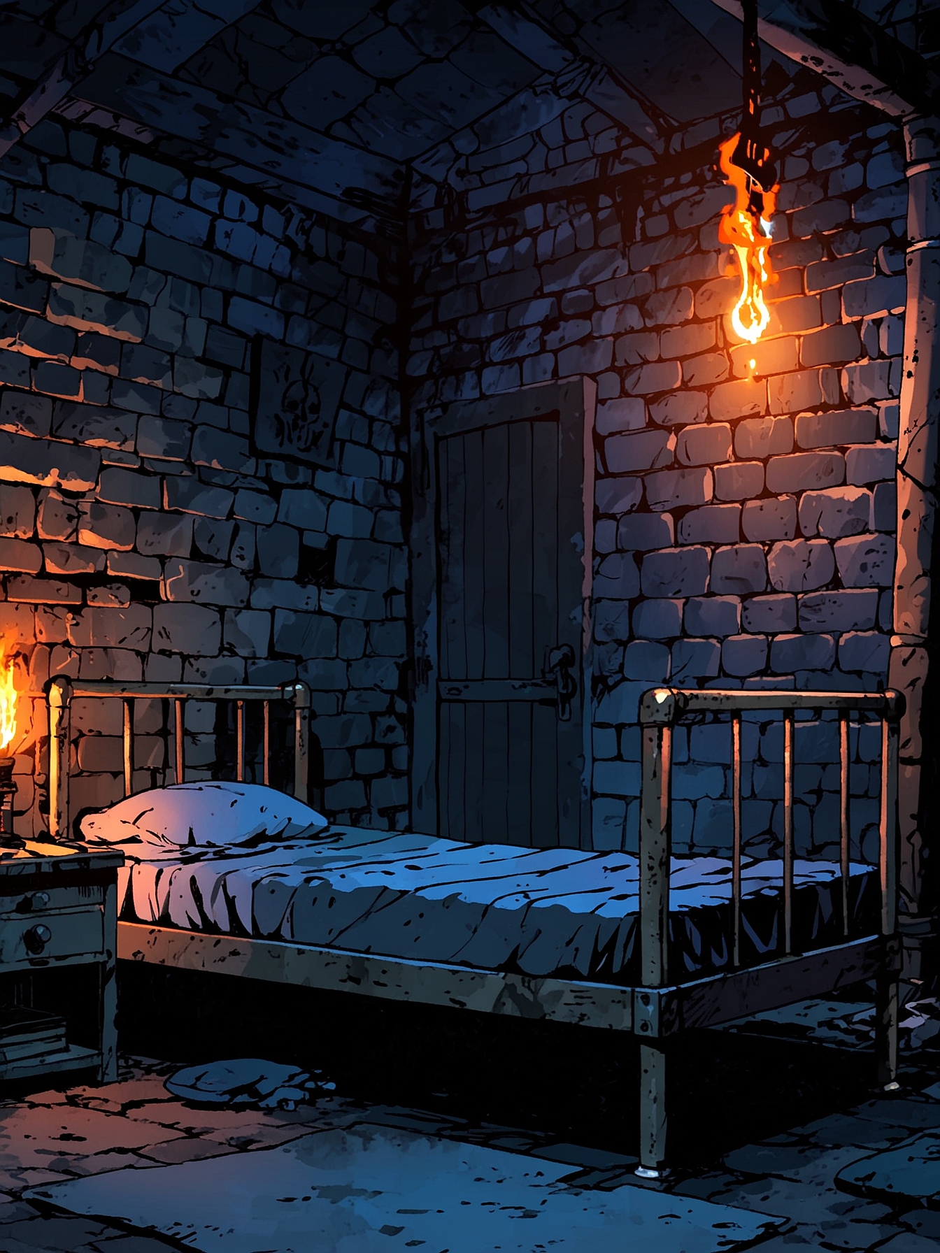 You inspect the room and find a small passage underneath one of the beds. It's filled with cobwebs but leads to the adjacent room. The barracks room is dimly lit by a solitary torch on the wall, revealing a single bed against the left wall. Beside the bed lies a skeleton holding a wand.