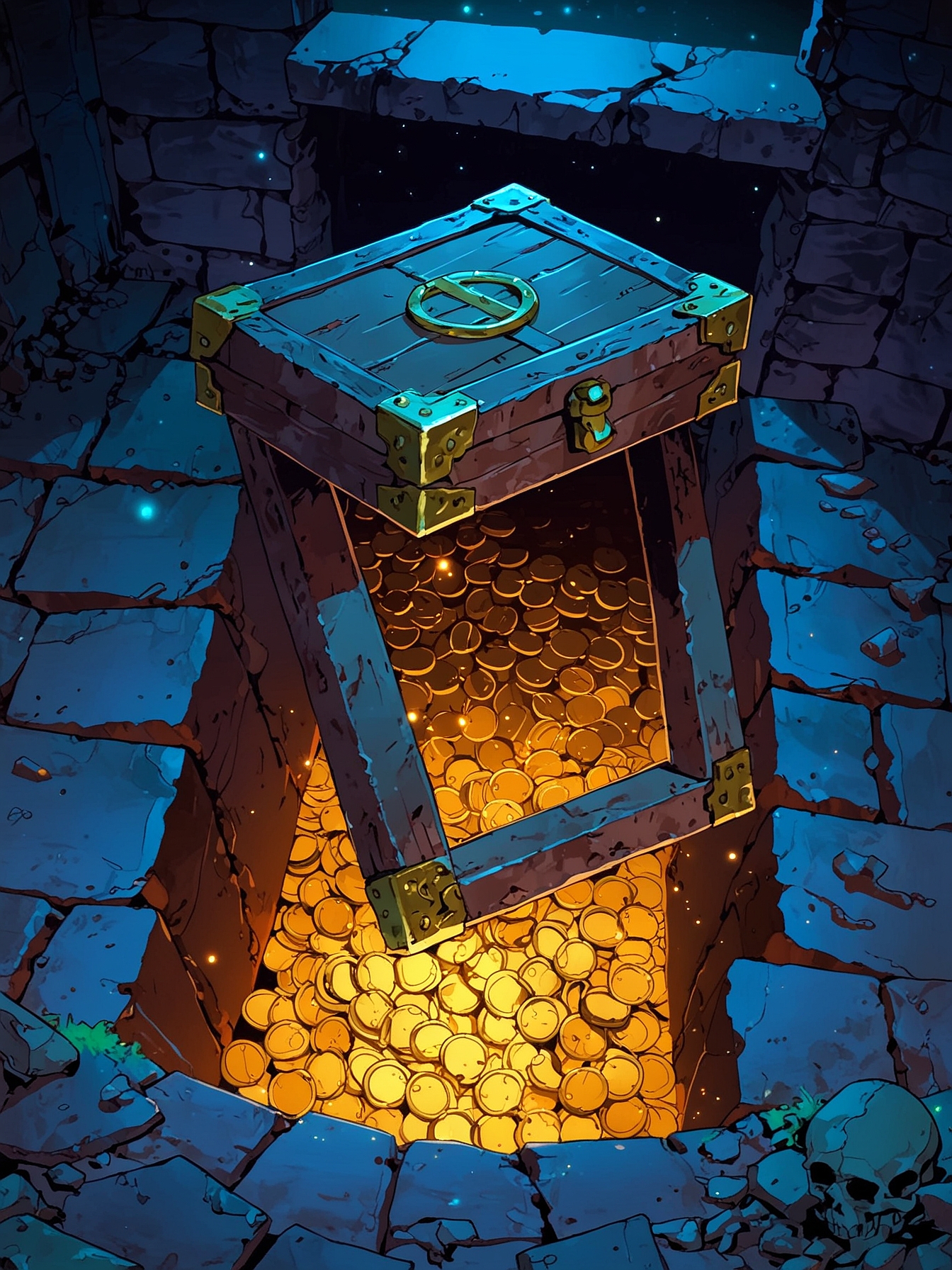 You open the trap door, revealing a veritable small treasure trove. There is a lot of gold, as well as a shiny gold helm. A quick inspection gives you the impression it is a magical helm.