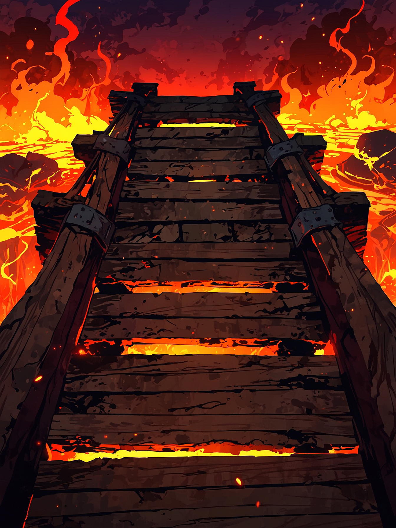 You go to the bridge, feeling the heat from the fiery lava below. The wooden planks creak under your weight, and you realize this will be a dangerous crossing. You prepare yourself for the journey across.