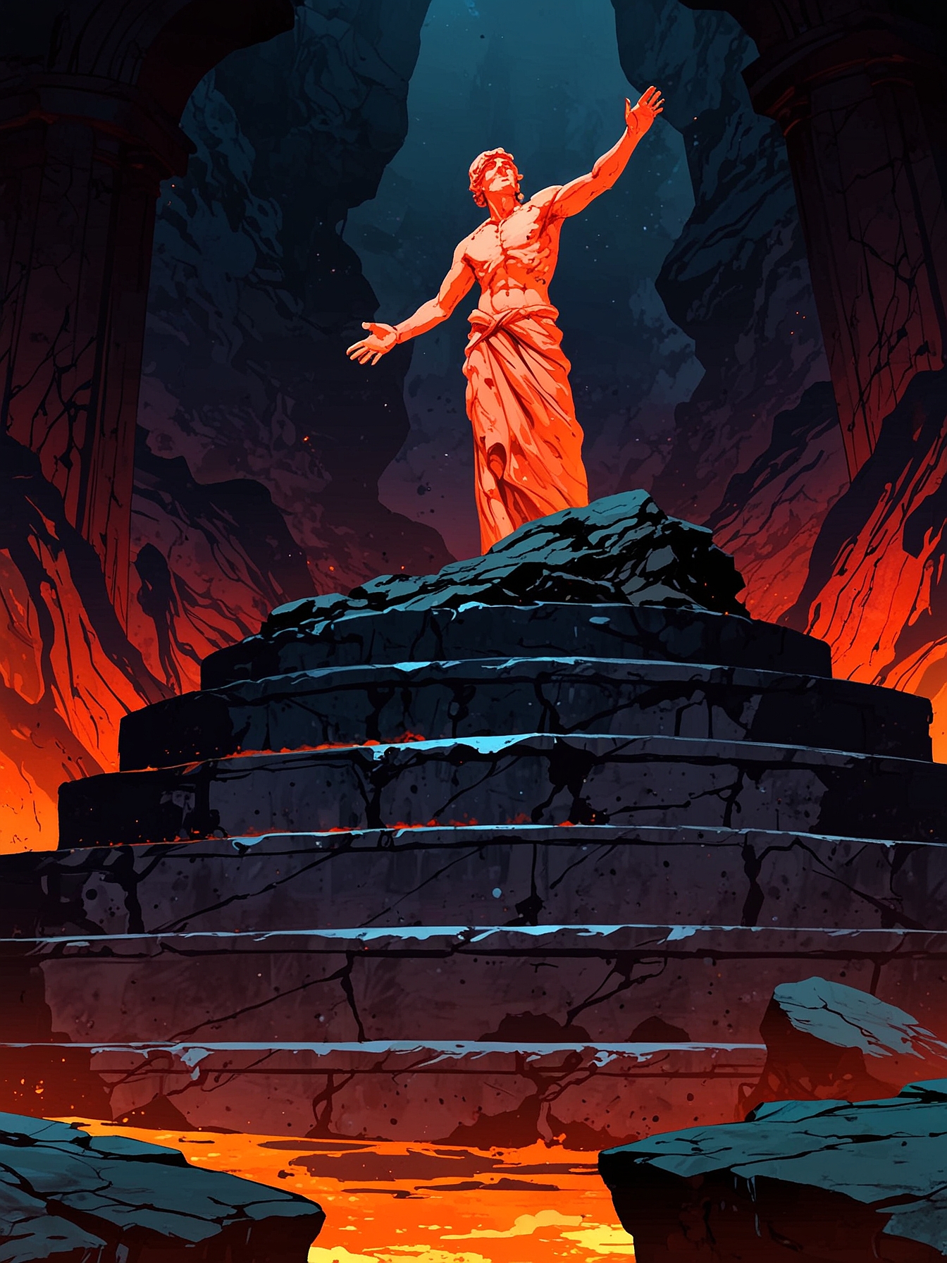 You cross the wooden bridge, carefully navigating the creaking planks over the fiery lava. Eventually, you reach the island in the middle of the necropolis. Making your way to the grand statue, you marvel at its imposing presence.