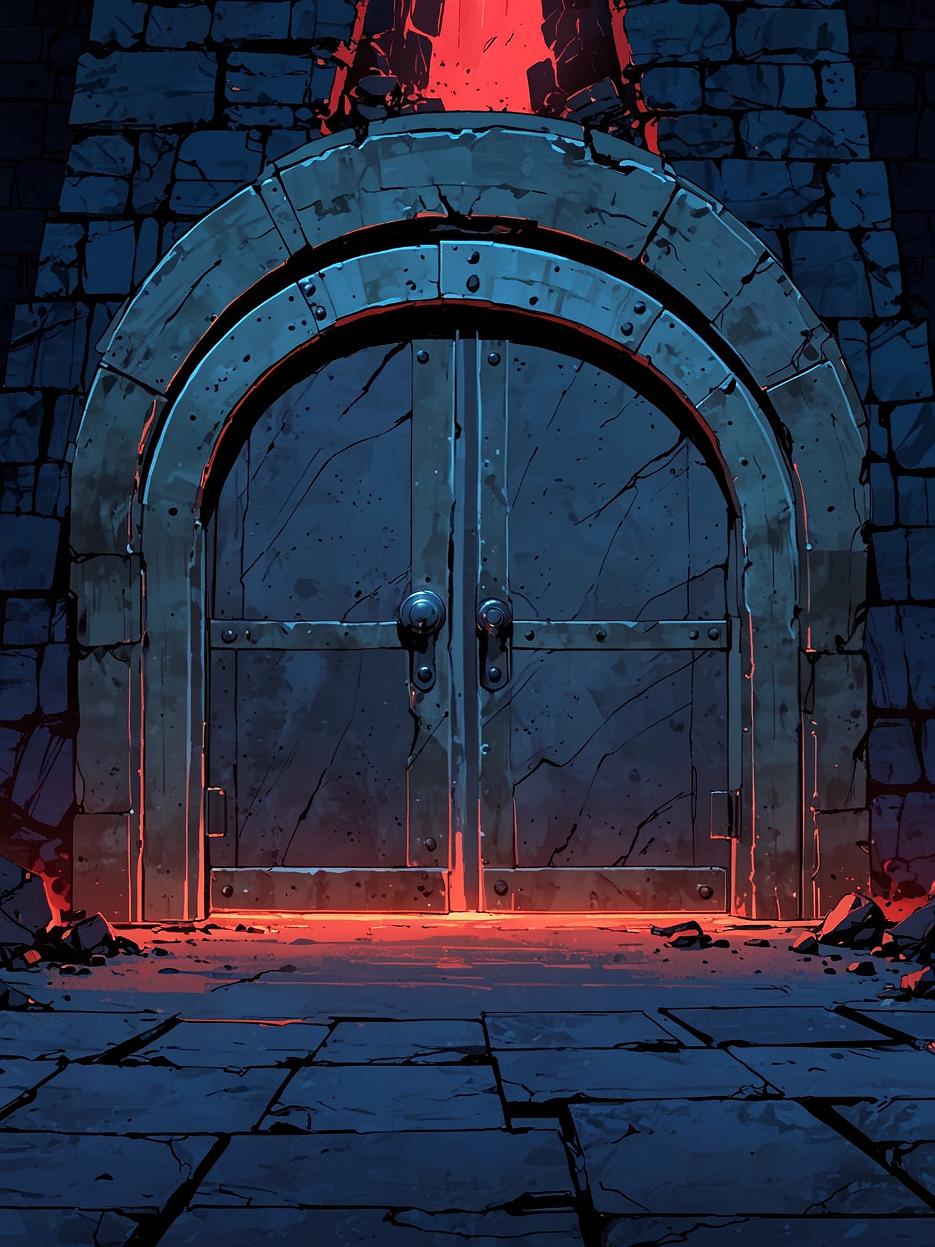 You follow the King through the castle and into a hidden garden. There, you find a large double door embedded in the mountain, resembling a vault, with chains keeping it closed. It pulsates with a red light.