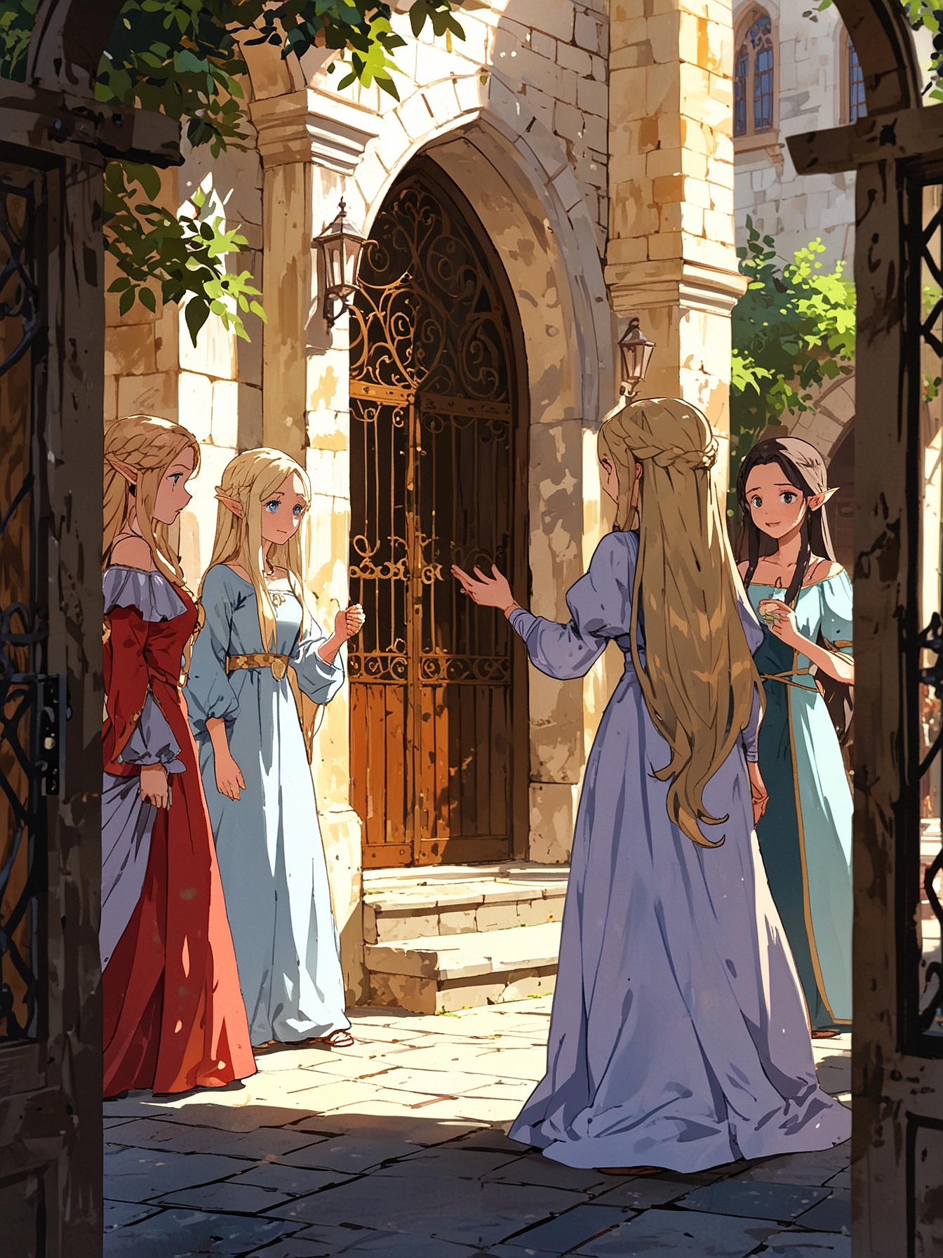 You stroll through the city streets and stop in front of an opulent mansion. A beautiful elven woman is angry at something and gives orders to a couple of handmaidens. It seems as though she is angry with them. She catches your eyes and gestures you to approach.