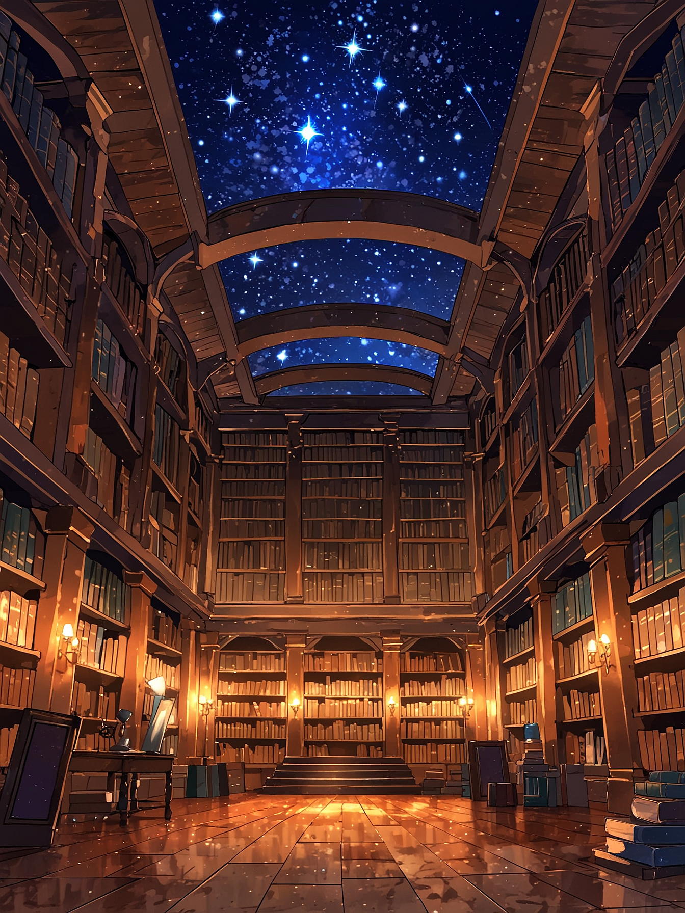 You arrive and enter the Archives of Lancaster, finding yourself in a magical world. The grand hall's ceiling displays a night sky full of stars, while various lights illuminate the room, casting a mystical glow. There are dozens of visitors and students prowling about. You notice a reception desk.