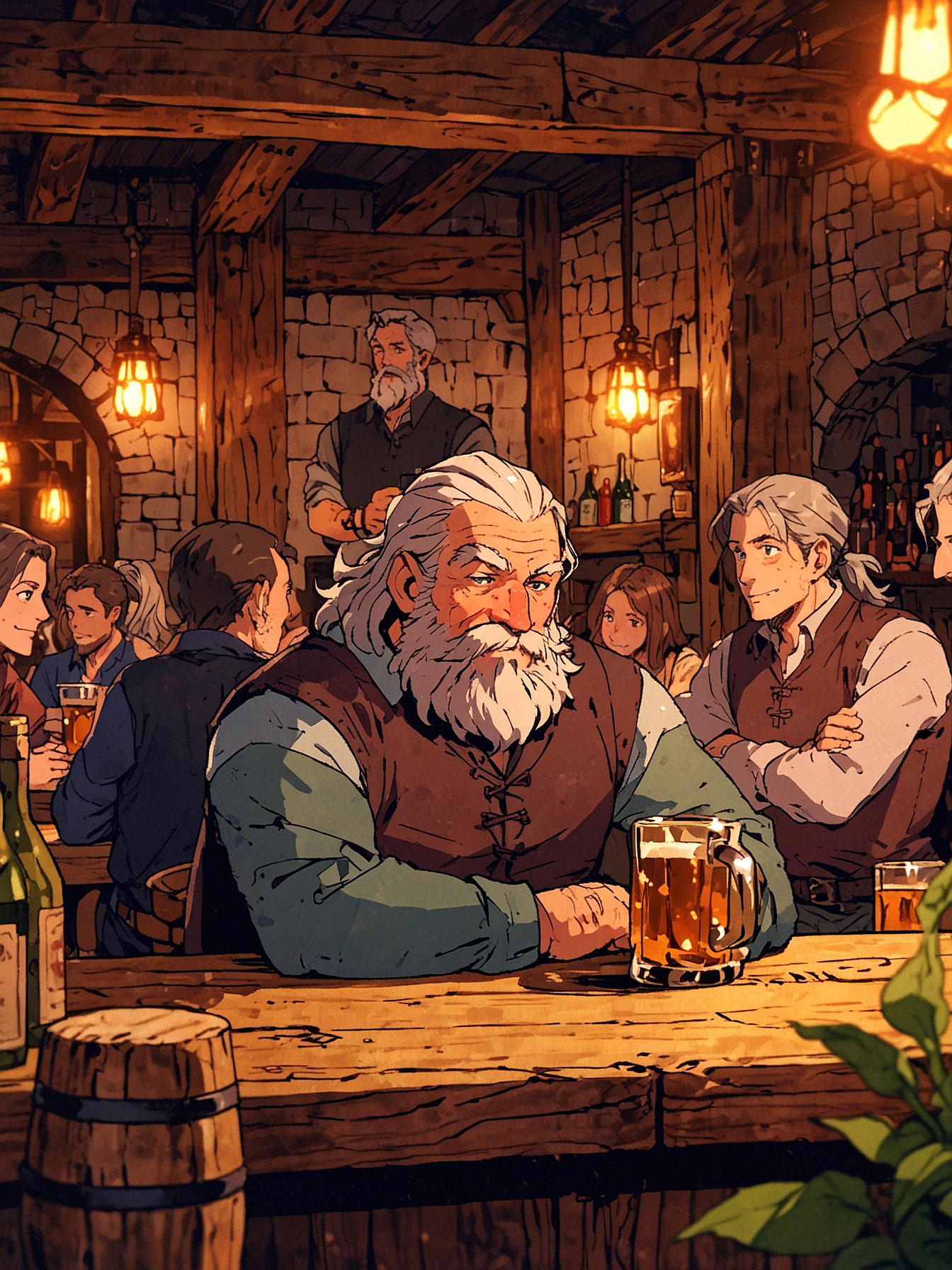 You arrive at the bar and sit on a stool. Just as you do, an old but kind-looking man turns towards you and greets you. You decide to have a chat with him, sensing he might have valuable information or an interesting story to tell.