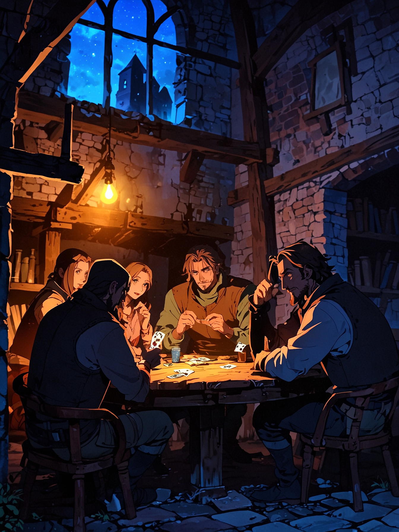 You peek through the window and see several thugs playing cards in a dimly lit room. Their laughter fills the air, and they appear to be discussing something important. You must decide your next move carefully.