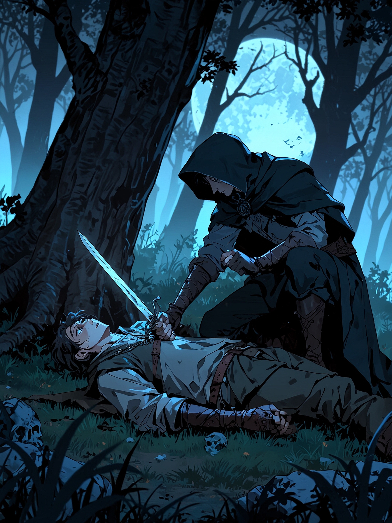 You attack the hooded assassin with the Sword of Brilliance, quickly dispatching him. Dead at your feet, now is a good time to investigate his belongings.