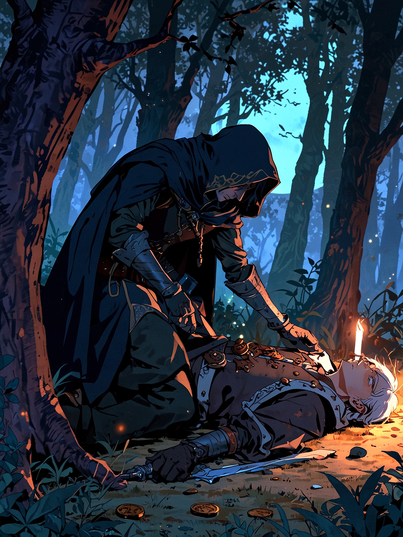 You search the assassin's pockets and find a letter and some coins. The letter contains orders to kill Thalon and hide his body in the forest. To your shock, it bears the seal of Baron Holloway.