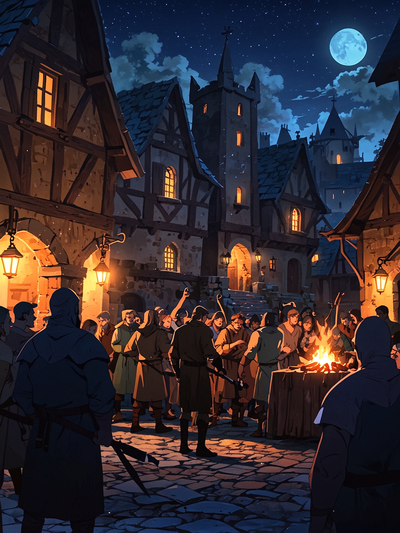 You head to the village square. A large group of people has gathered, angry with pitchforks and torches, marching towards the Baron's estate. The tension in the air is palpable as you decide how to approach this volatile situation.