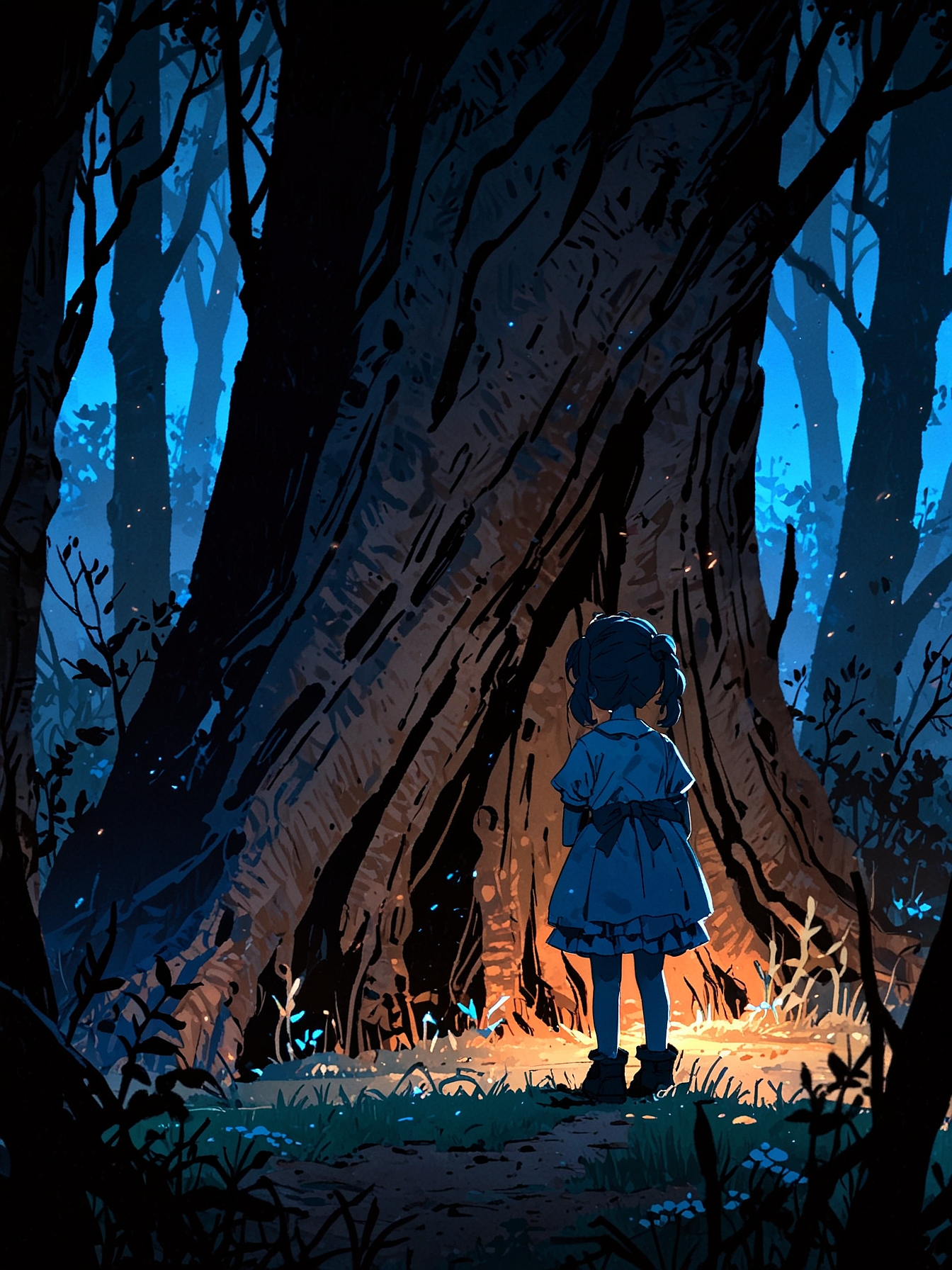 You cautiously approach the source of the wail and discover a small girl dressed in shabby clothes, hiding behind a twisted tree and crying uncontrollably. You try to comfort her and find out why she is here.