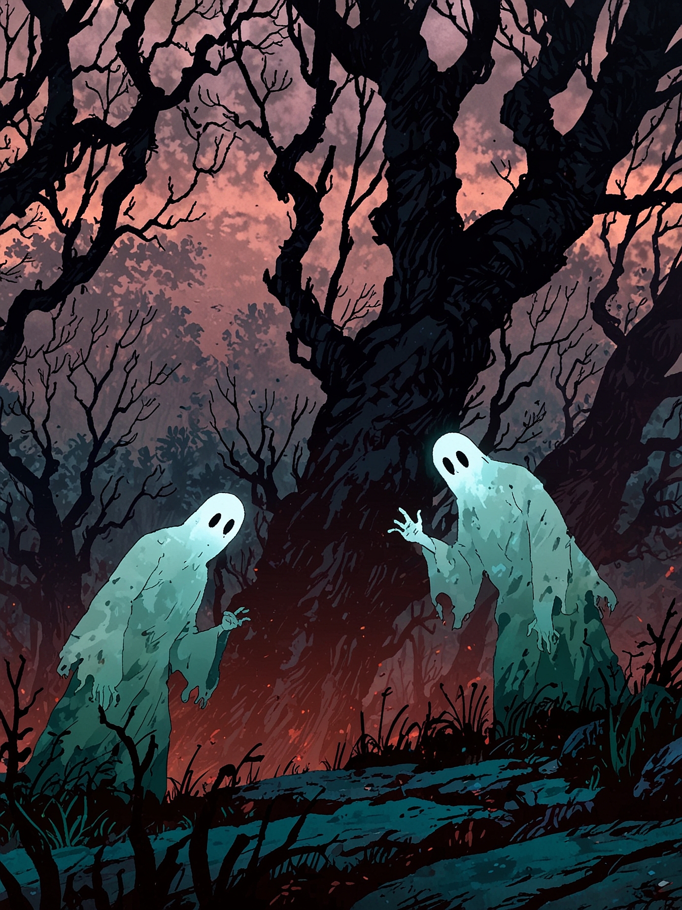 You back up from the ghostly figures, their expressions become increasingly angry and confused. They approach you dangerously, their ghostly forms flickering more violently as they close the distance, their anger palpable in the air.