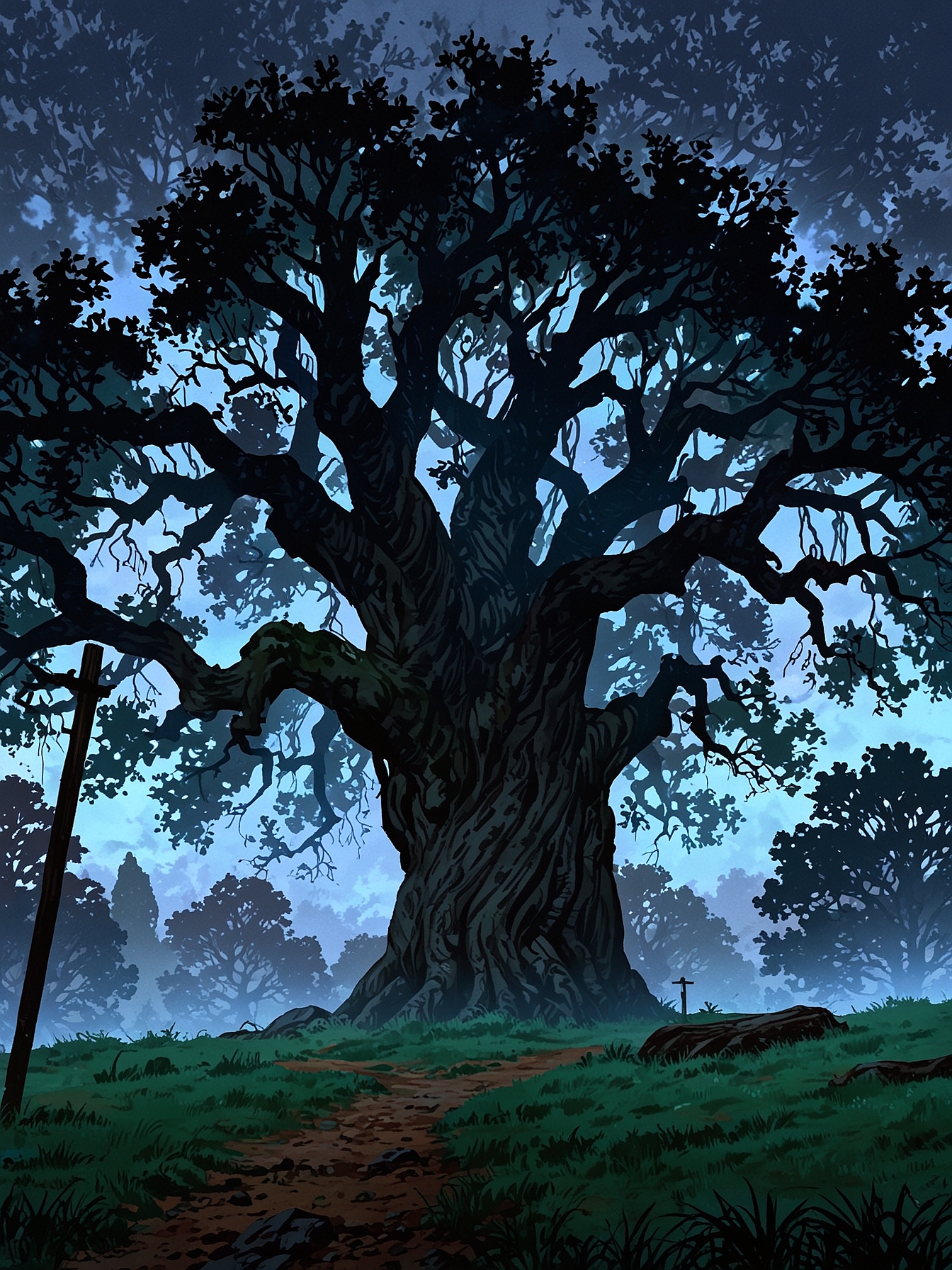 You decide to continue onward, seeking shelter under the base of a massive oak tree as dusk gives way to darkness. The thick branches above provide some protection from the eerie mist. It is time to make camp for the night.