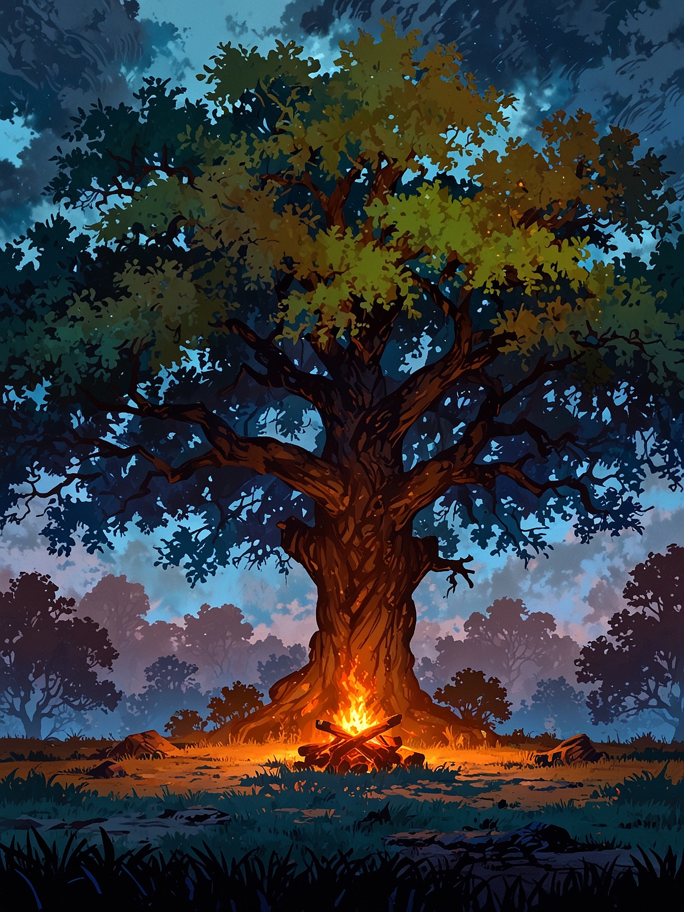 You decide to make camp under the massive oak tree, setting up a small fire to ward off the chill. The thick branches above provide some protection from the eerie mist. You settle in, hoping to regain your strength for another day of travel.