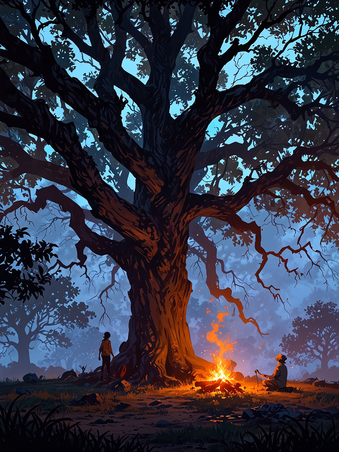 You tuck Melina to sleep under the oak tree, ensuring she is comfortable and warm. You then lie down near her, letting the gentle crackling of the campfire and the rustling leaves lull you to sleep.