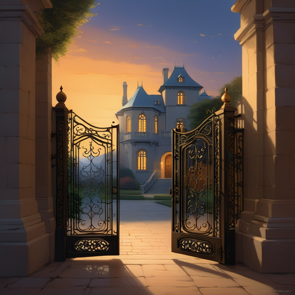 Beyond the iron gate, the grand estate stands, its windows a facade of warmth amidst the whispers of secrets.