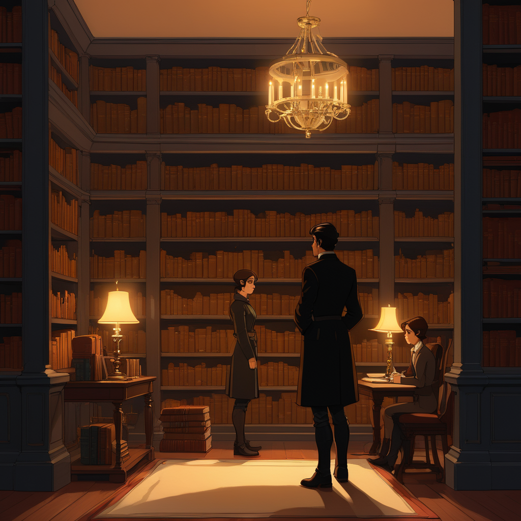 In the corner of the exquisite library, a clandestine meeting weaves a dangerous scheme into the estate's history.