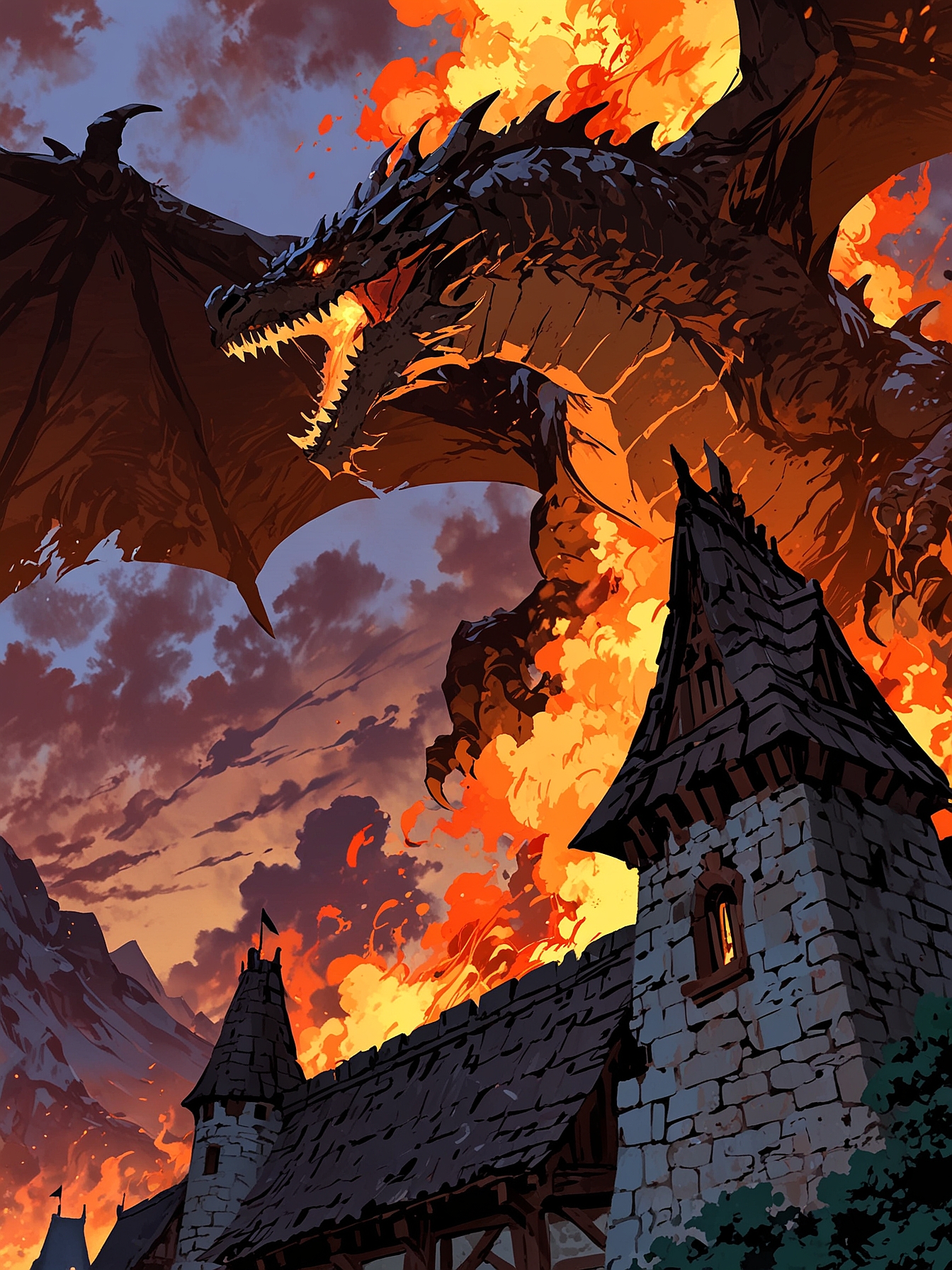 You turn your attention above and notice a monstrous dragon circling the outpost.  All hell breaks loose as the dragon erupts in a fit of mighty rage and begins to ignite anything it can see on fire that stands in its way.