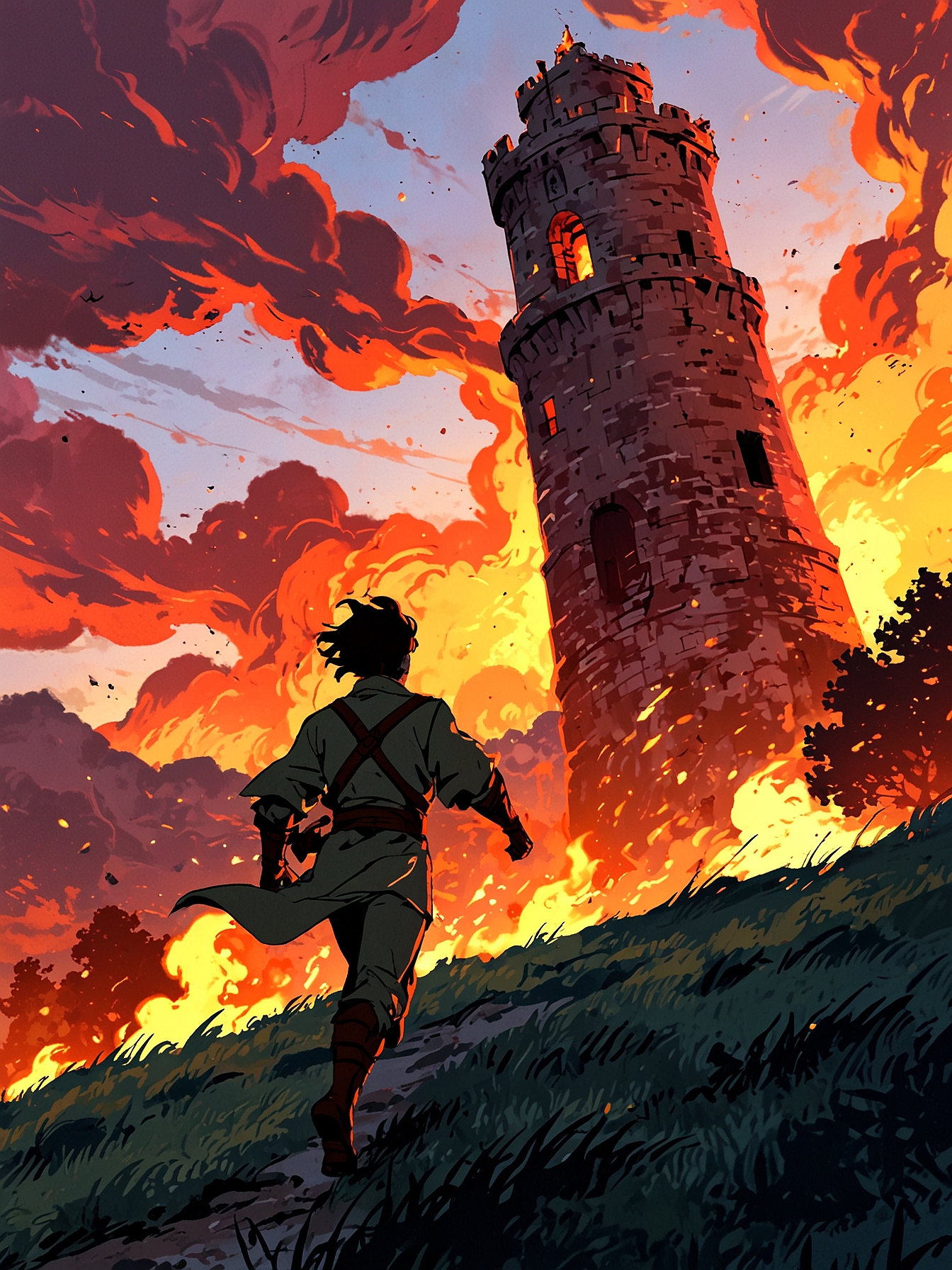 You dash toward the tower, weaving through fiery debris as the dragon's fire engulfs everything. You don't make it in time and you burn agonizingly in another ball of dragon fire.