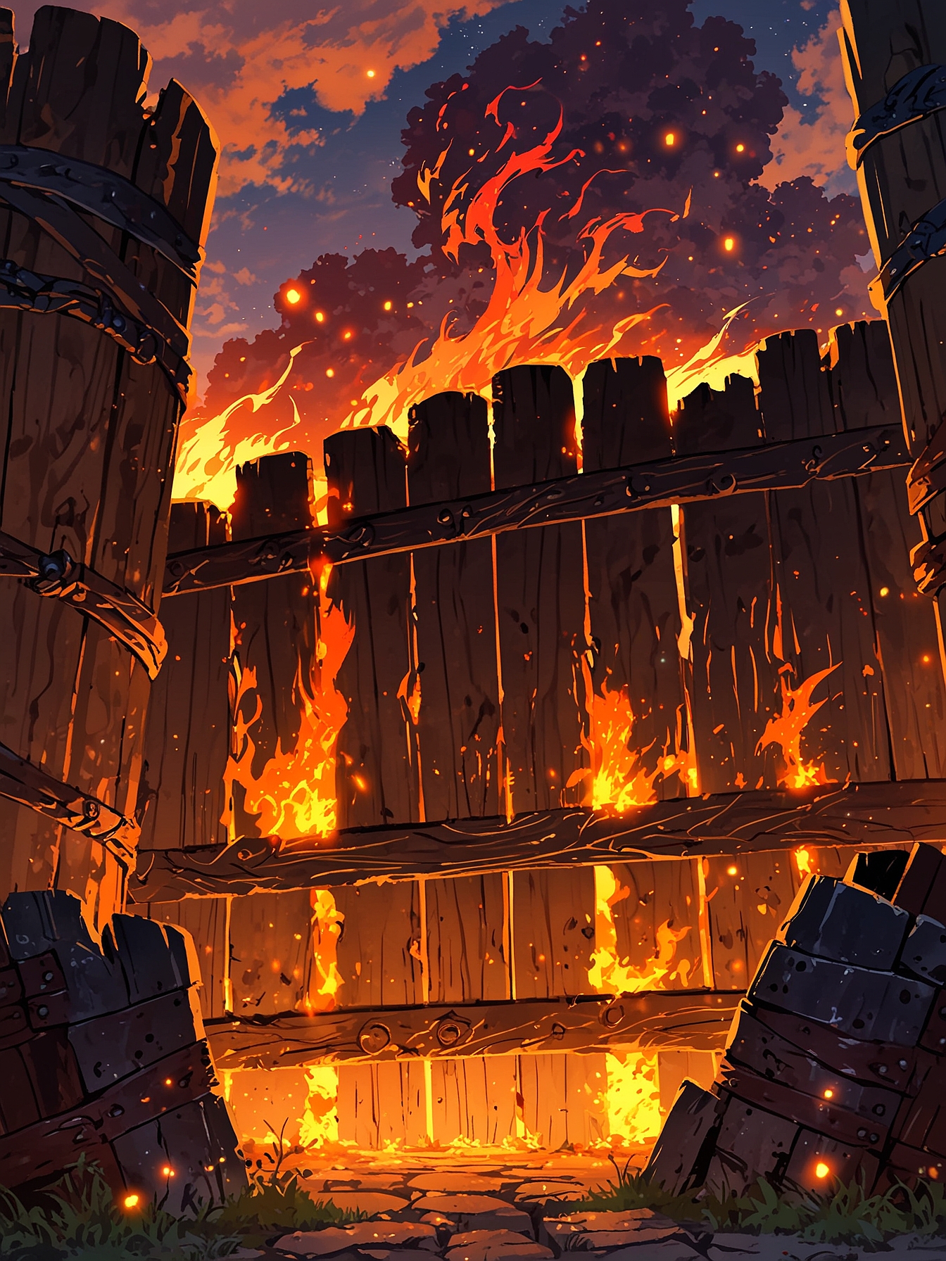 You duck behind a sturdy palisade, feeling the heat of the dragon's fire just inches away. The path clears, allowing you to reach the tower.