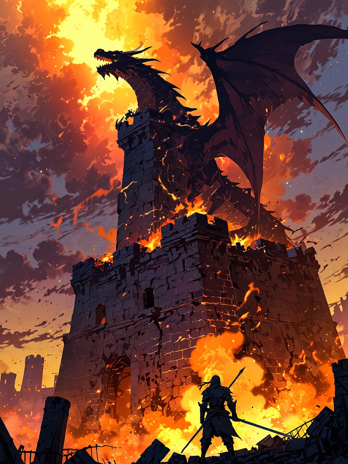 You sprint towards the tower as the dragon ascends. Chaos reigns, but you find a clear path. The dragon retreats to the skies, leaving behind only carnage and destruction.