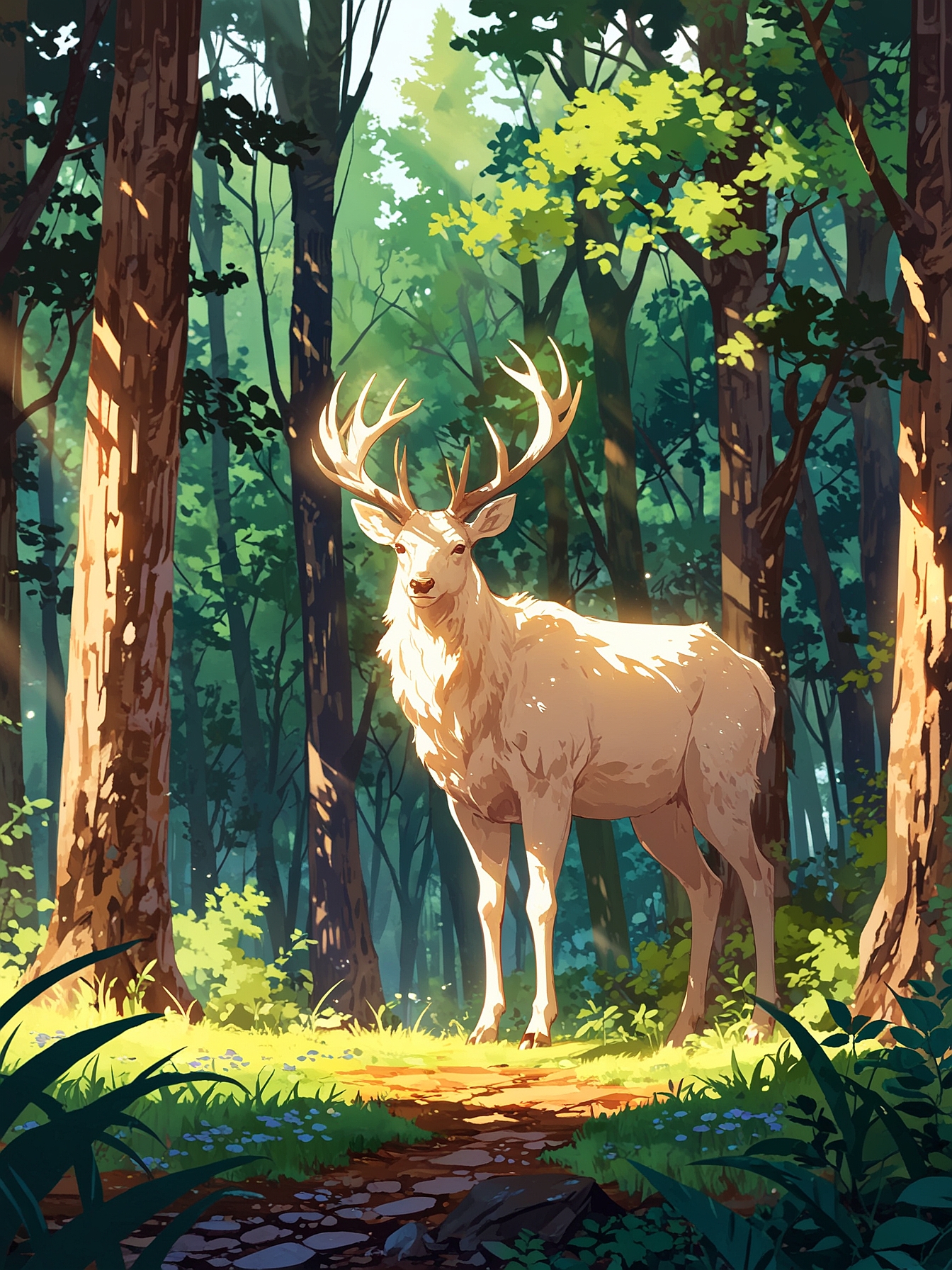 You shield your eyes as the light fades. Emerging from its glow, you see a majestic white elk towering at least 8 feet tall, its presence both serene and awe-inspiring.