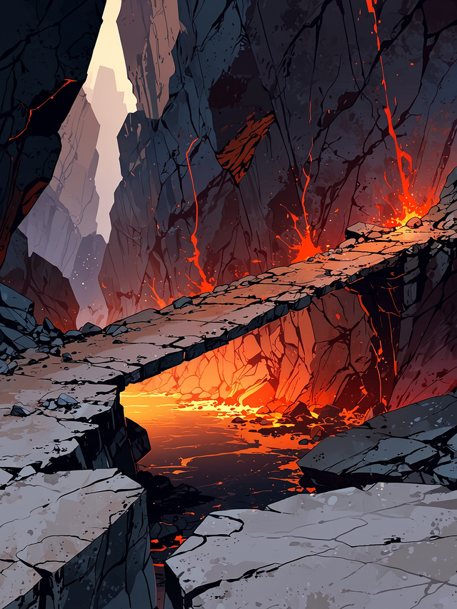 You gather your courage and leap across the fractured path. Landing on the bridge, you feel the rush of adrenaline as you maintain your balance over the molten lake below.