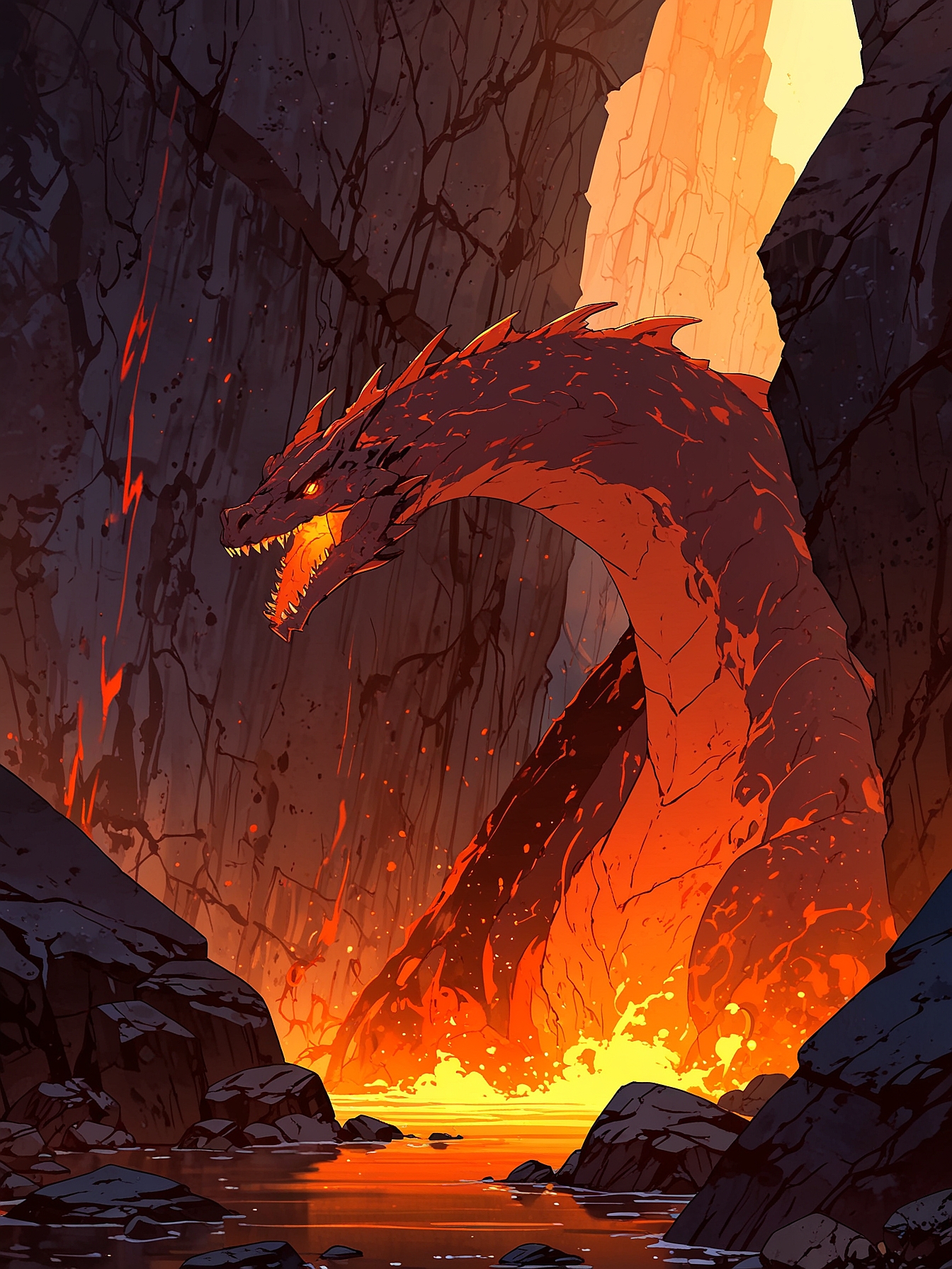 As you jump to the bridge and land on it, a large tremble envelops you. You see as Drierion emerges from the magma lake, throwing it all around you. It seems the cunning dragon was waiting for you.