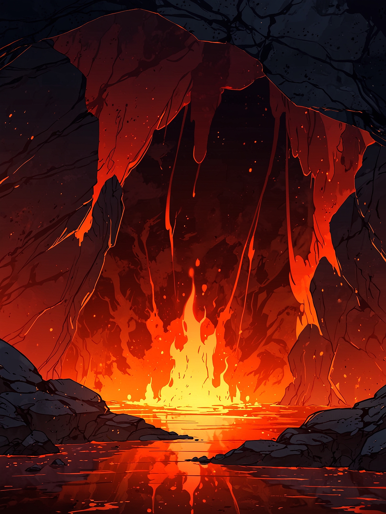 You take the side path that encircles the magma lake and leads to the same path the stone bridge does. Yet, as you walk around it, you immediately feel the pressure emanating from around you. You realize that a magma stream is about to fall right near you. 