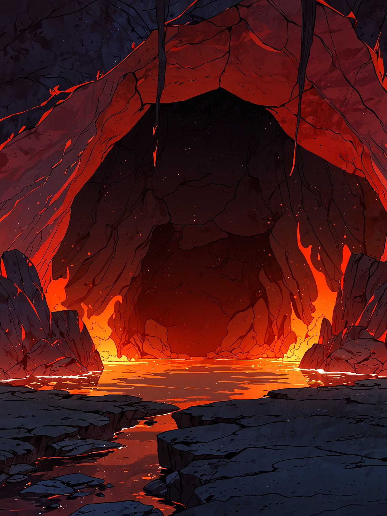 Your instincts tell you to duck below the lava stream and they prove to be right. It flows just over your head and into the magma lake, yet it narrowly misses your head. You feel a hot tingle on your entire body, but otherwise are unscathed. 