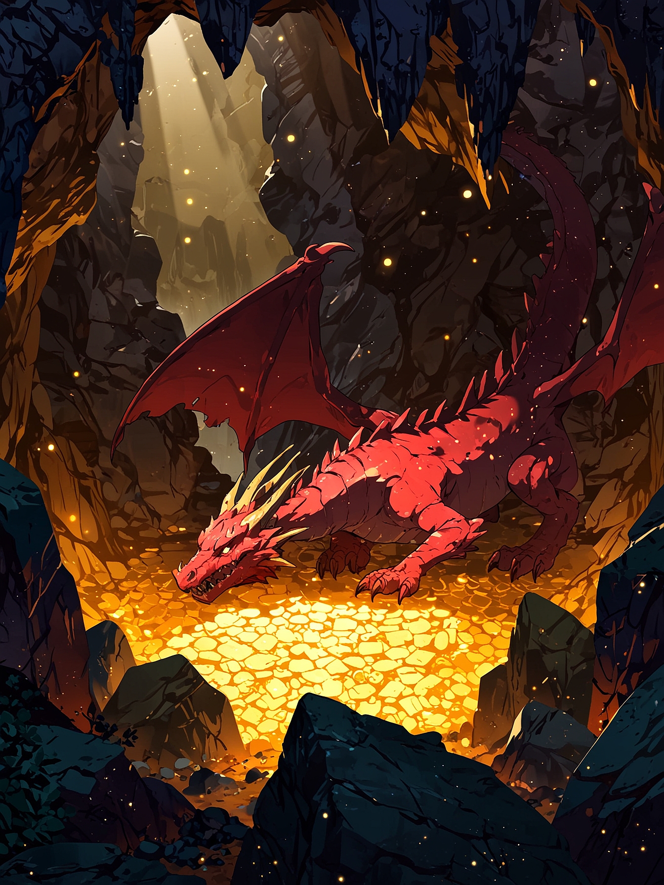 You reach Drierion's resting place, which is a gigantic cavern filled with treasures of every kind. Just as you look at the mountains of gold, you spot the enormous Dragon sleeping. This might prove a good opportunity to destroy it. 