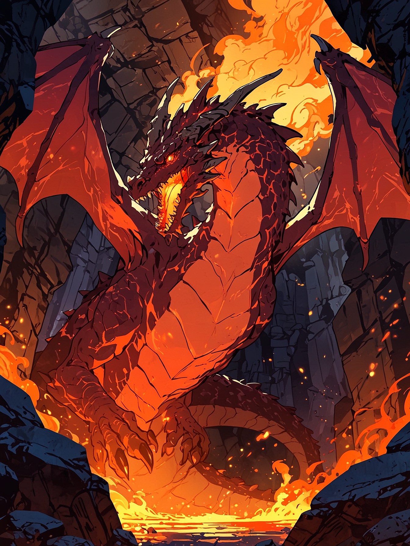 You brace yourself and ready yourself for Drierion's assault. He roars and begins to spew fire all around you. The flames manage to miss you as you take cover behind a rock pillar. 