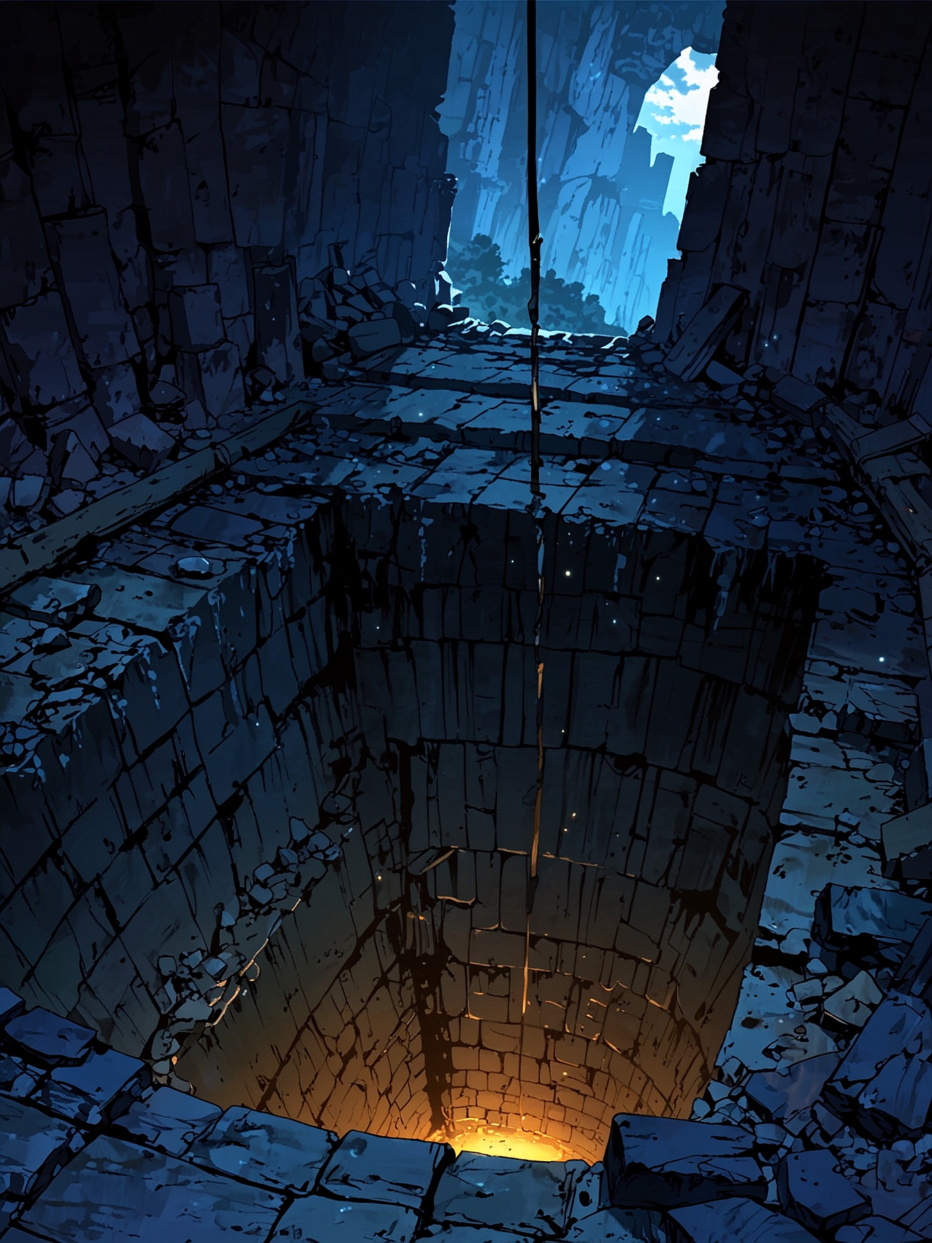 The northeastern section of the area has collapsed, forming a ten-foot-wide, twenty-foot-deep pit. A sturdy hemp rope is tied off around a nearby column and dangles down the side of the pit, at the bottom of which is a rough-hewn tunnel heading north and east into the ruined city.