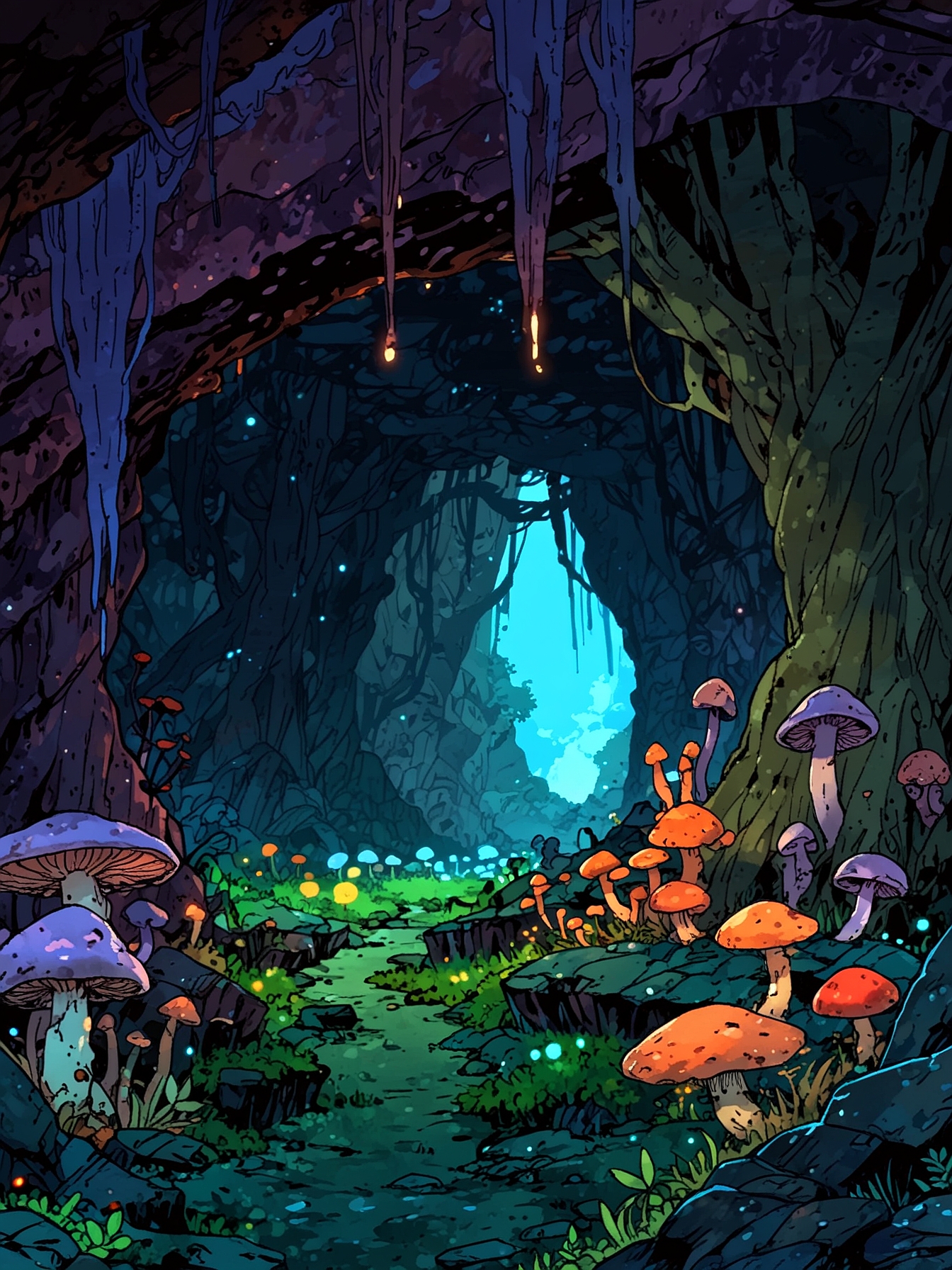 Dense carpets of weird fungi cover large sections of the floor in this cavern. The growth includes puffballs a foot across, weird shelf fungus growing on stalagmites, and large stalks and caps a good five feet tall.Some of the puffballs glow with an eerie green phosphorescence.