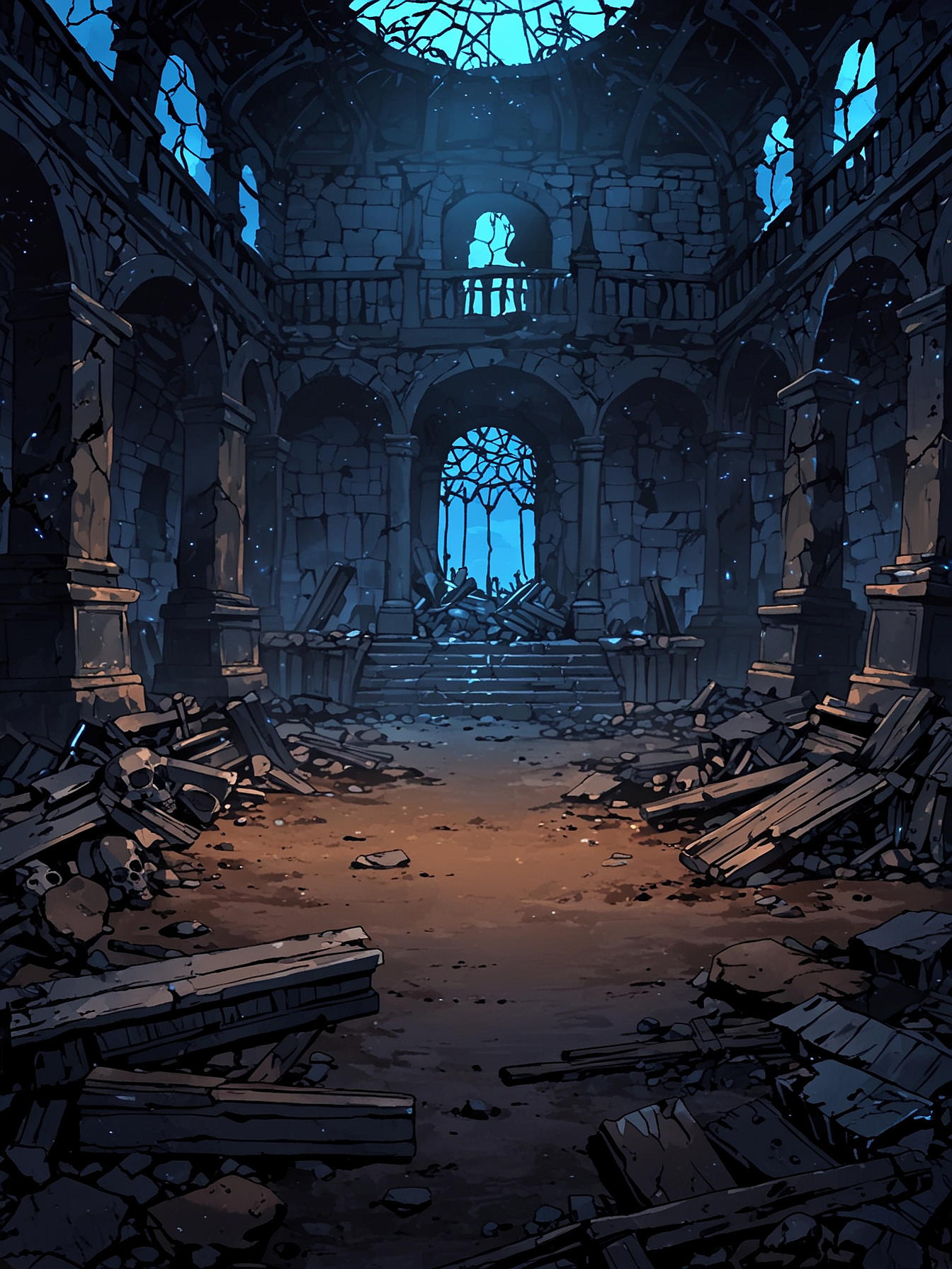 The floor is littered with broken stone benches and rubble that has fallen from the ceiling. The chamber is filled with the scattered skeletons of a variety of individuals, most likely the remains of past guards or adventurers who attempted to investigate or flee the city in times gone by.