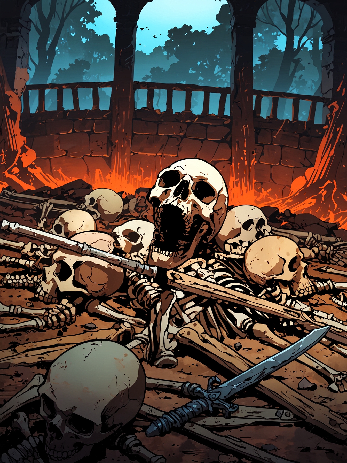 You decide to attack the skeletons head on, yet they quickly run off to the shelves and pick up rusty and ancient weapons. You manage to slay two, before they overpower you and hit you in the back of the head. Now on the ground, you are an easy picking for the ancient skeletons. Death awaits you.