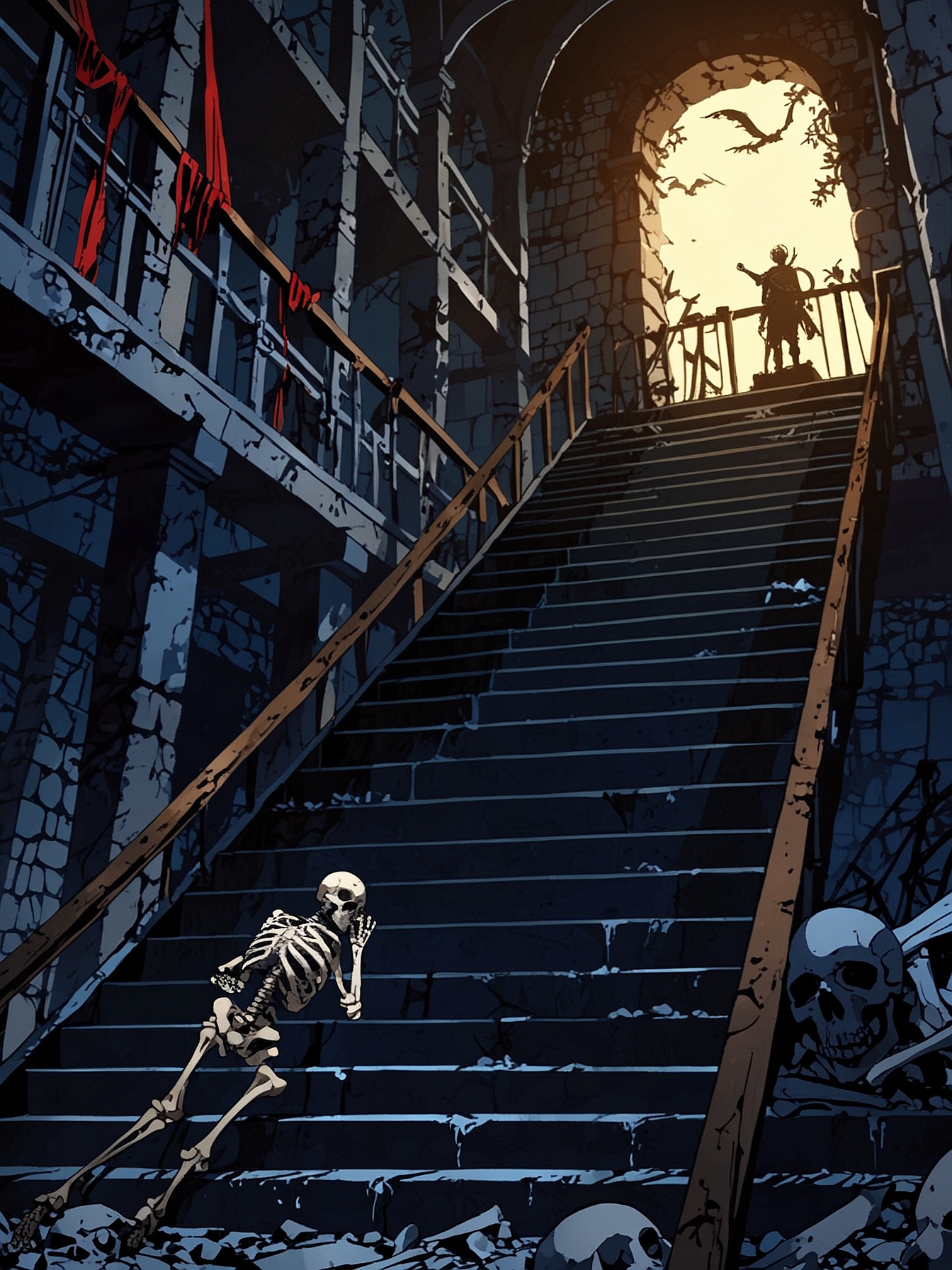 You decide to gain the higher ground on the skeletons, as they jump up and arms themselves with weapons from the shelves. As you reach an upper level of the barracks. Here, the only way through a staircase is blocked, and you have no issues defeating all the skeletons, one by one.