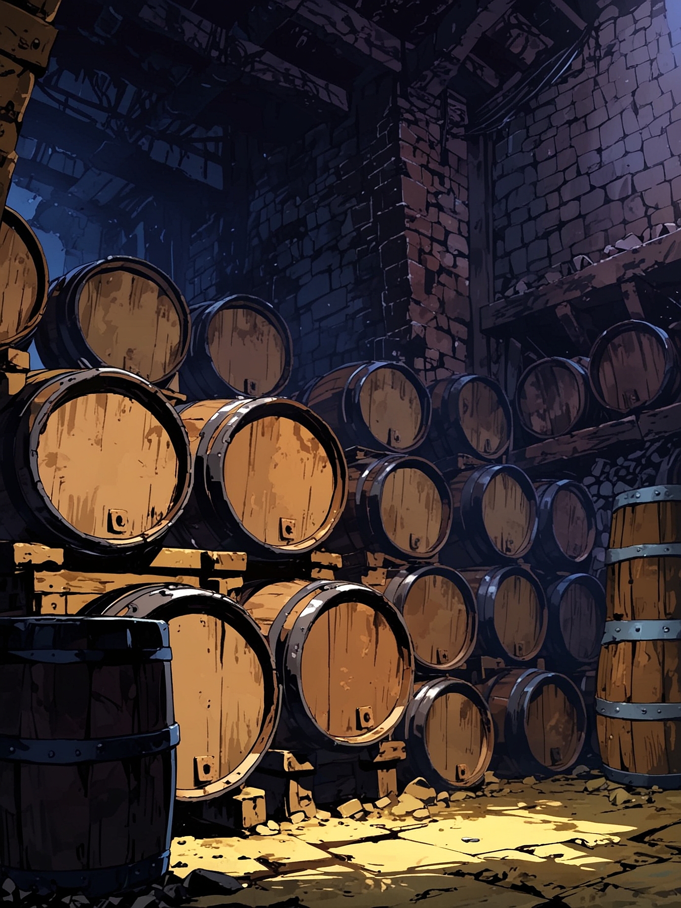 You have made it to a tiny room that was formerly used as a store room. Surprisingly, in light of the devastation that occurred in the surrounding area, this chamber has sustained only minimal damage. Barrels that are covered in dust are stacked orderly against the walls of the room.